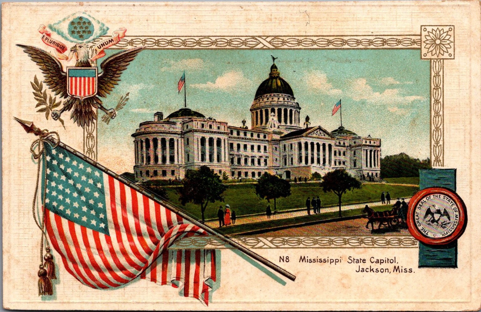 Mississippi State Capitol Jackson MS Embossed Flag Eagle Postcard c1907 Mississippi State Capitol Jackson MS Embossed Flag Eagle Postcard c1907
