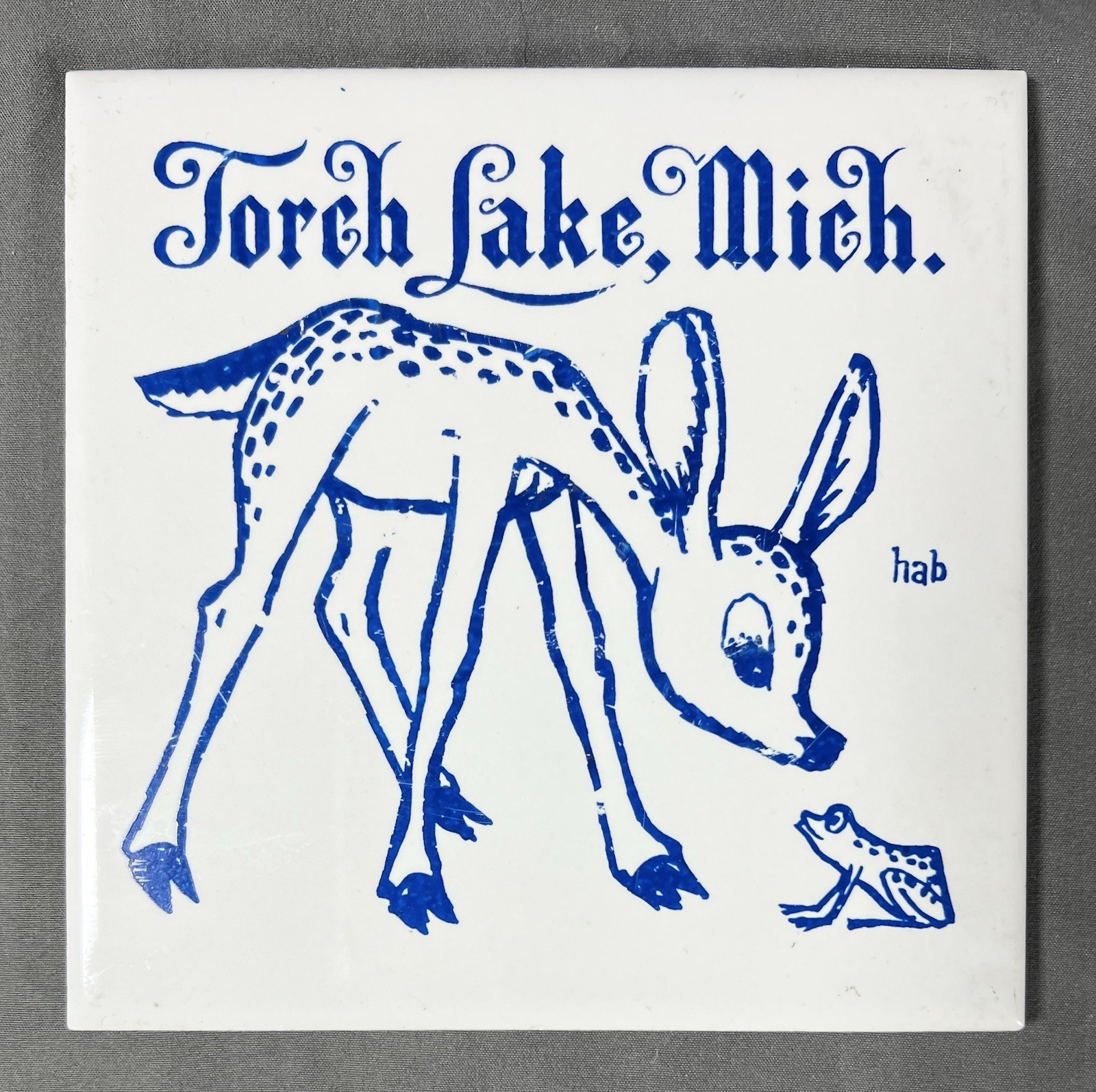 Vintage Torch Lake Michigan Ceramic Souvenir Tile Fawn Frog Hinter Haus Eastport