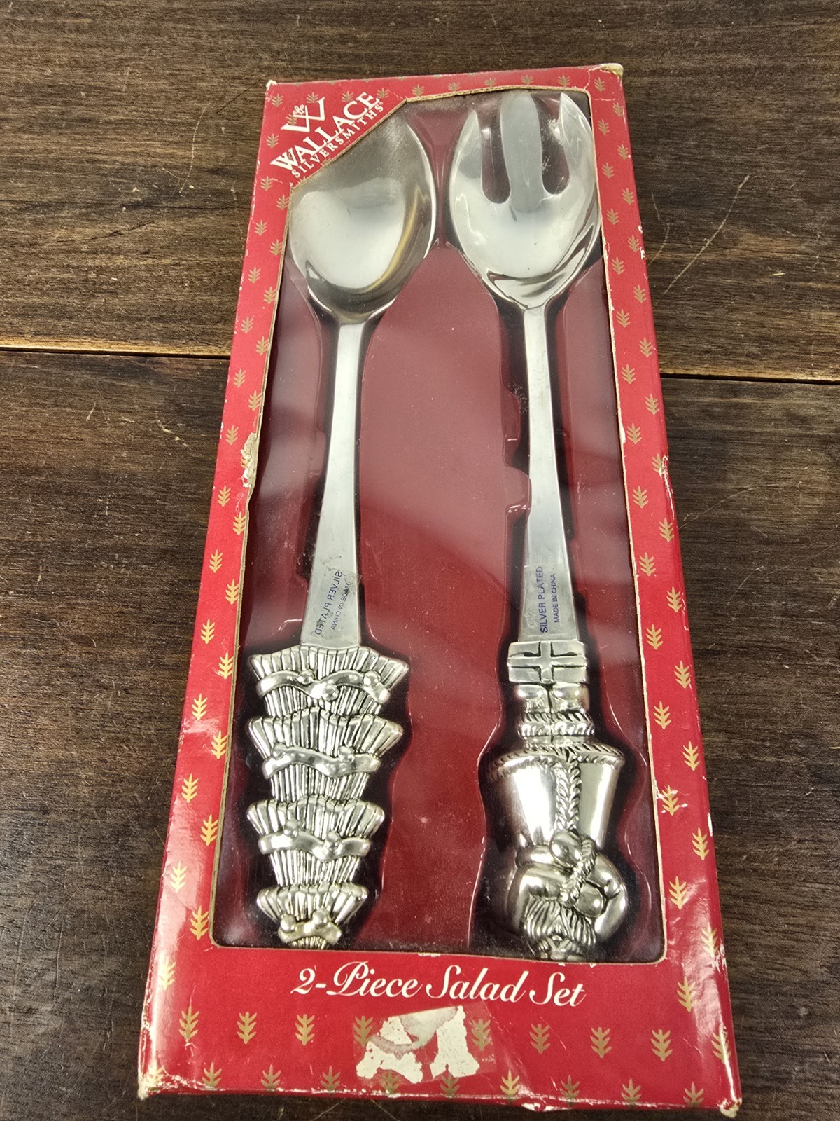 NIB VTG Wallace Silversmiths Silverplated Christmas Salad Serving Fork & Spoon  