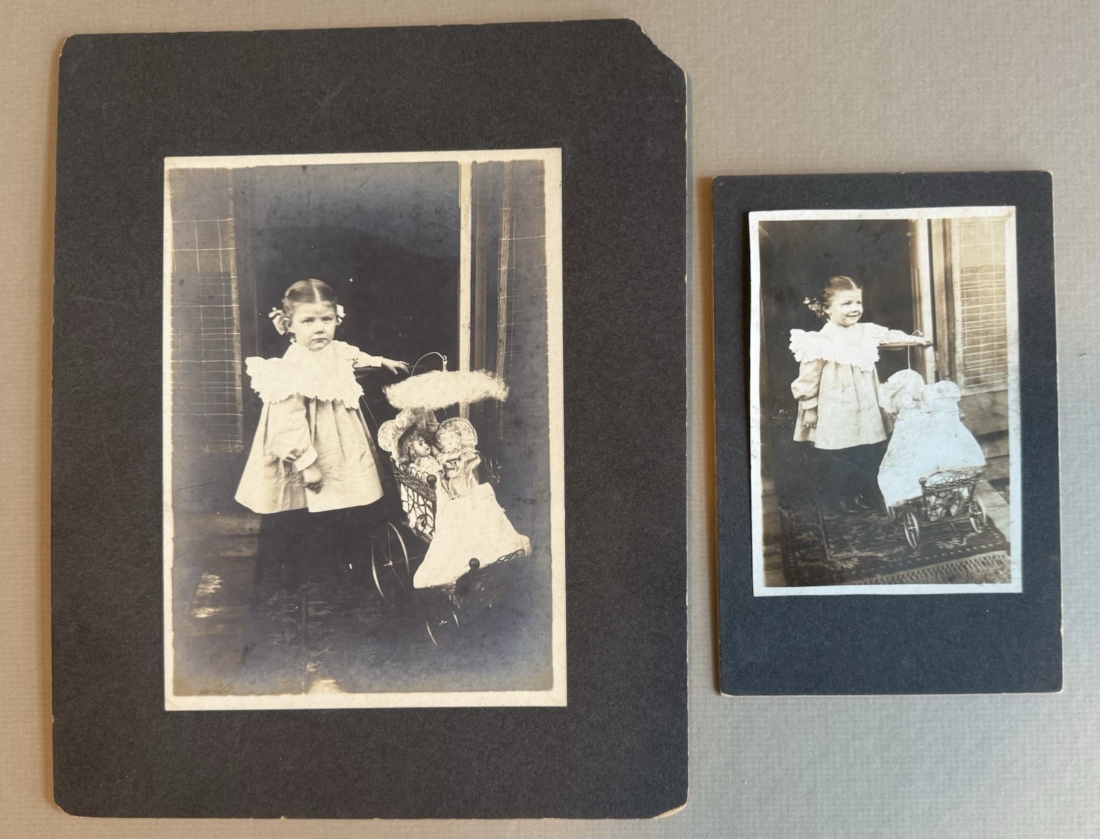 Two Cabinet Photographs Violet & Dolls Carriage circa 1910 stroller pram