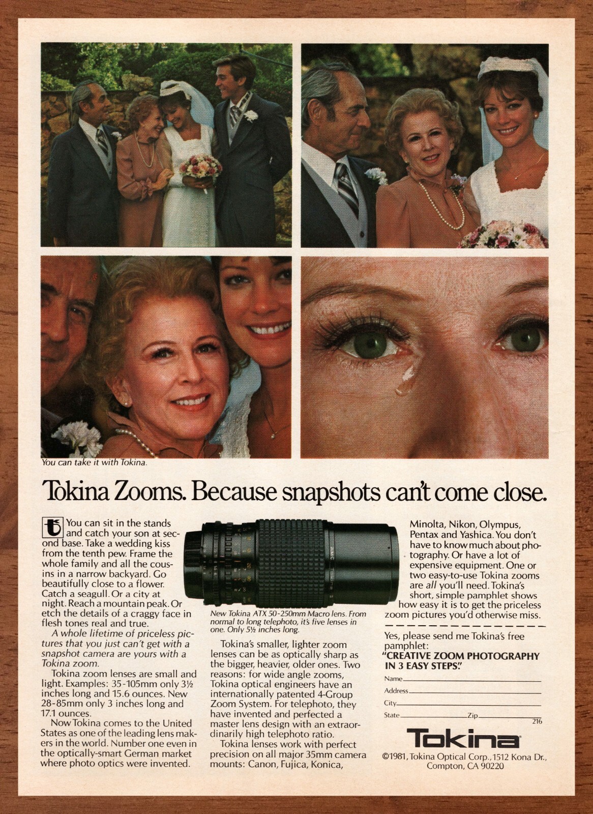 1981 Tokina Camera Zoom Vintage Print Ad/Poster Wedding Photography Retro Art