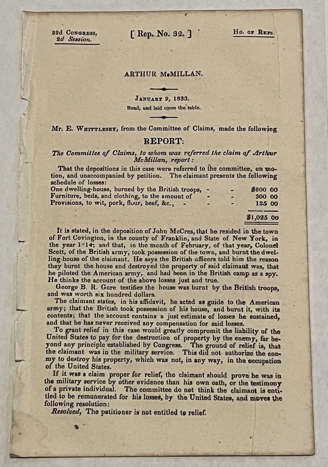 1833 WAR CLAIMS REPORT DWELLING-HOUSE BURNED BY BRITISH TROOPS FORT COVINGTON 1833 WAR CLAIMS REPORT DWELLING-HOUSE BURNED BY BRITISH TROOPS FORT COVINGTON