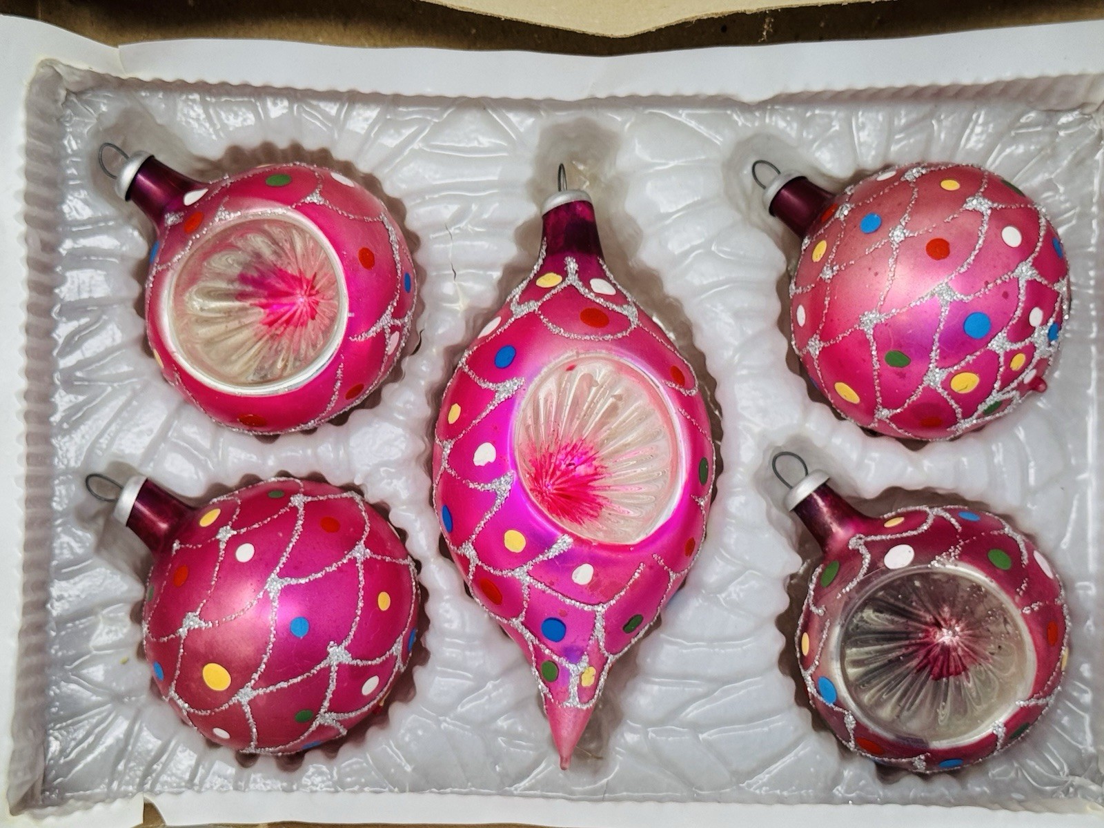 5 Vtg Mercury Glass Pink Mica Christmas Ornaments Columbia Tear Drop Indent