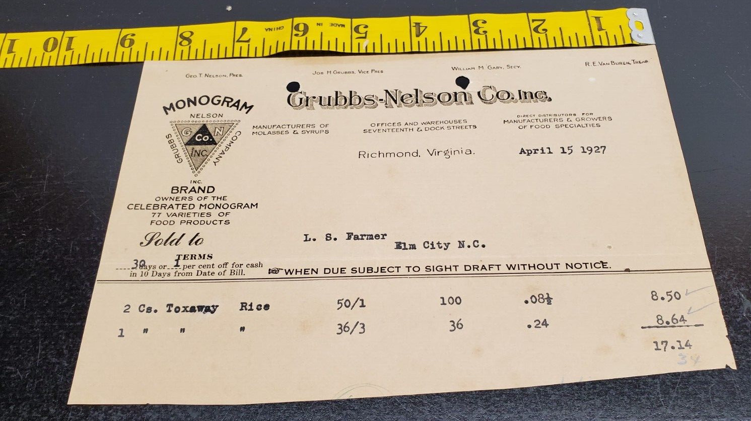 April 15, 1927 Grubbs-Nelson Co. Inc. Invoice-Owners of Celebrated Monogram April 15, 1927 Grubbs-Nelson Co. Inc. Invoice-Owners of Celebrated Monogram