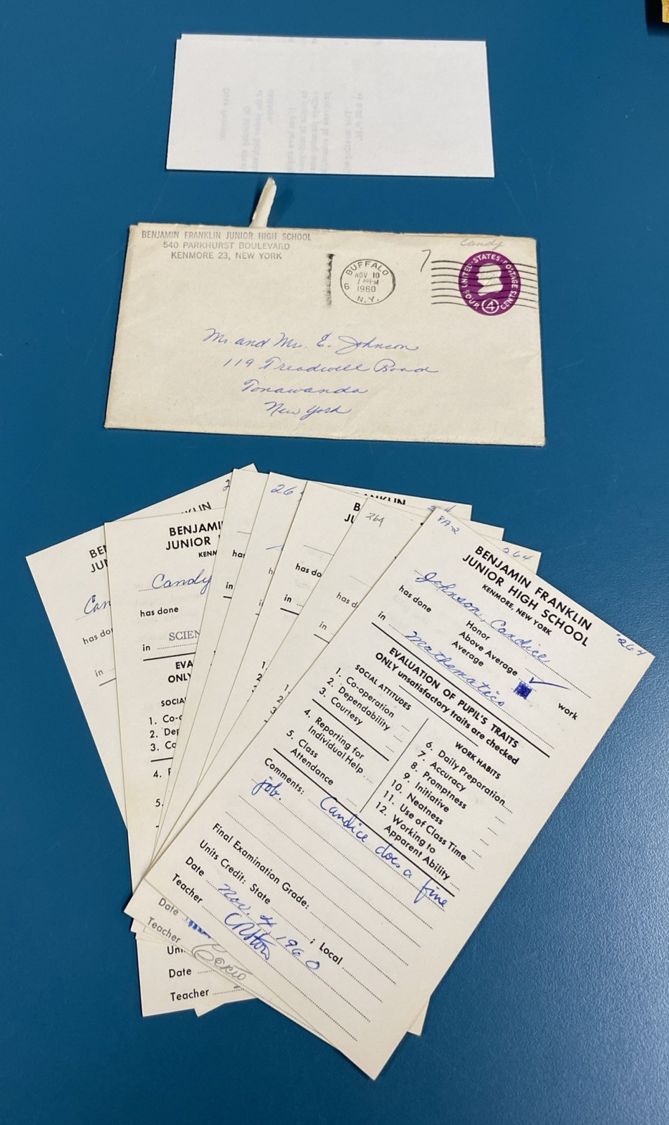 RARE Vintage 1960 Kenmore NY Benjamin Franklin School Report Card Lot W/Envelope