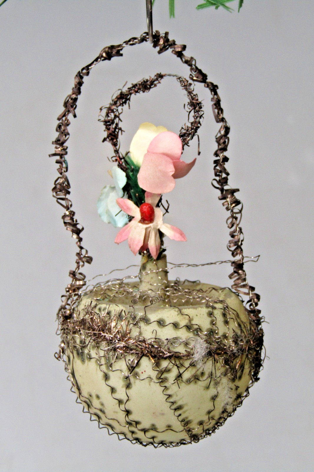 VTG Antique Glass Crinkle Wire FLOWER Vase Basket Drop Christmas Ornament German