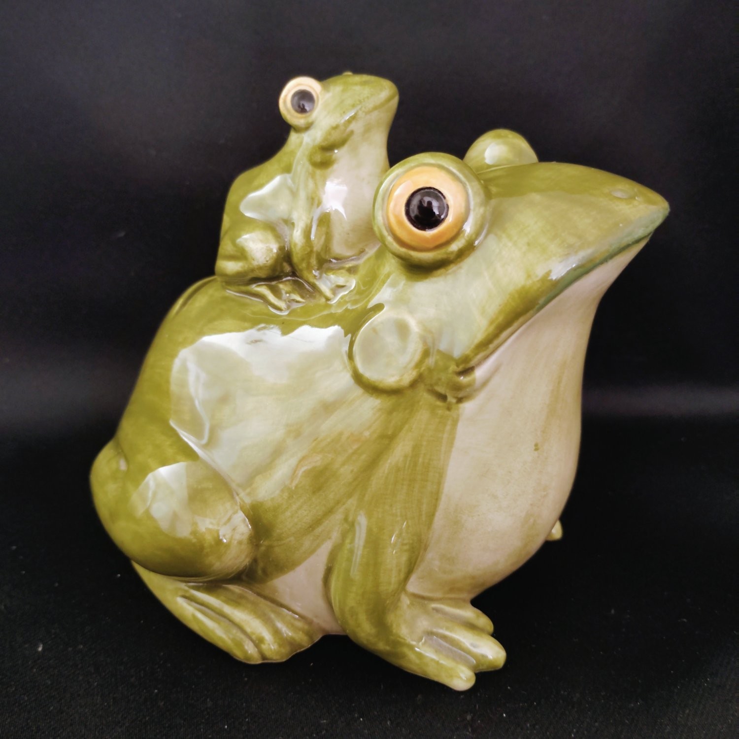 Vintage 1980 Otagiri Ceramic Mother Baby Frog Bank w/ Stopper Green RESTORED