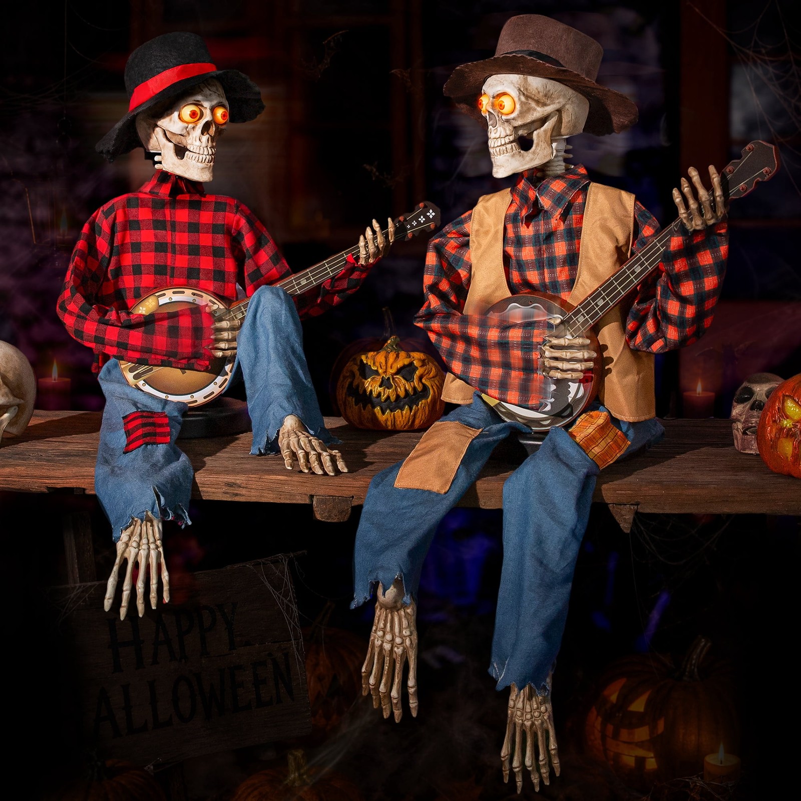 Halloween Animatronics Banjo Skeletons Duo Decorations Animated Skull w/ Sound Halloween Animatronics Banjo Skeletons Duo Decorations Animated Skull w/ Sound