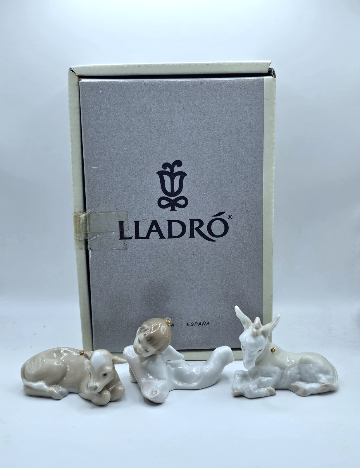 Lladro Mini Angel Donkey Cow Christmas Ornament Set - 06095