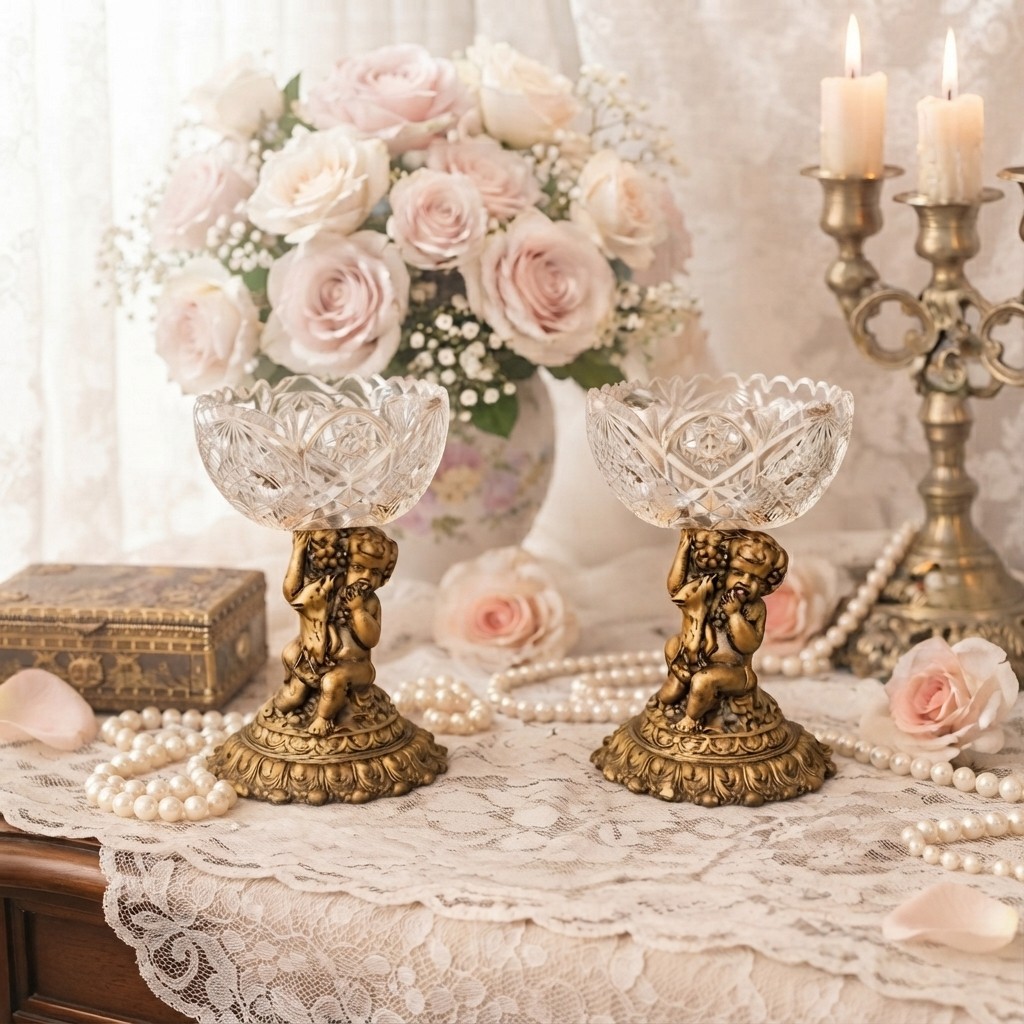 Pair VTG Hollywood Regency Crystal Compotes •Gold Tone Ornate Cherub Pedestal 7”