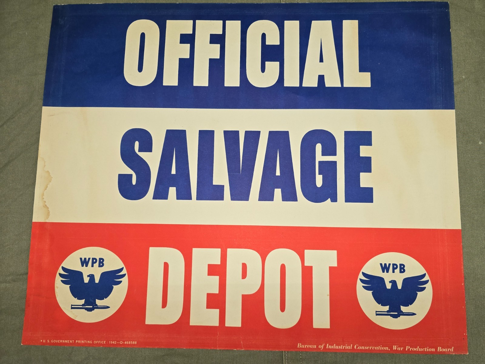WWII Official Salvage Depot Sign Dated 1942