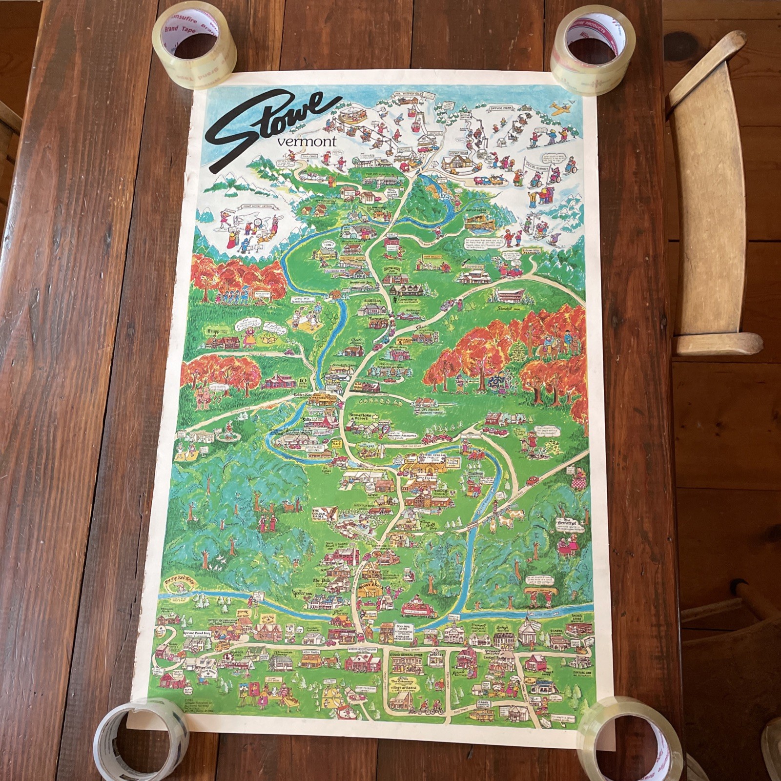 Vintage Original Theresa Camping Pictorial Map Of Stowe Vermont Paper Poster EUC