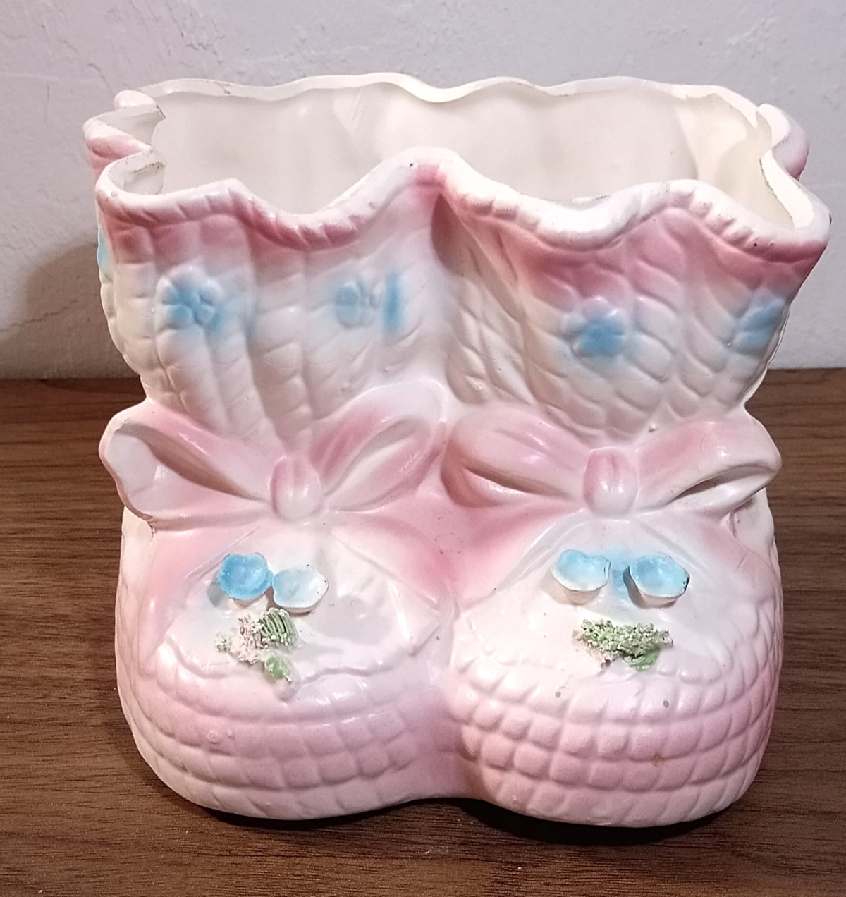 Vintage Pink Baby Booties Ceramic Planter Blue Flowers Nursery Kitsch Decor