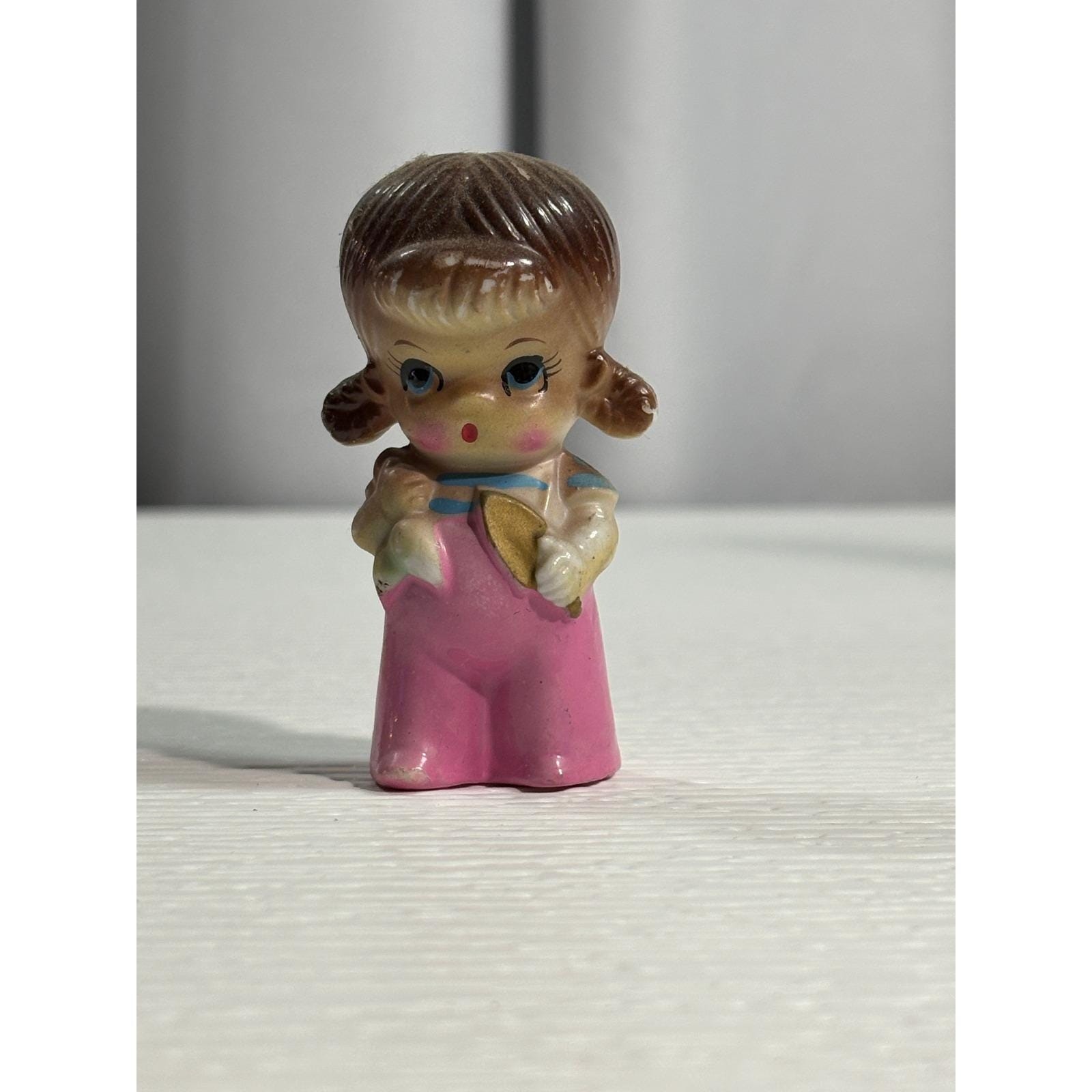 Vintage Ceramic Girl Figurine Pink Overalls Pigtails Japan Mid Century S0086 Vintage Ceramic Girl Figurine Pink Overalls Pigtails Japan Mid Century S0086