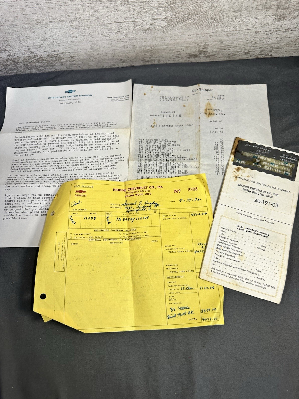1973 Chevy Caprice WindowSticker Invoice Protect O Plate Paperwork 1N39Z2Y116148