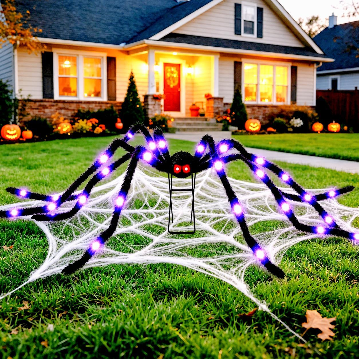Giant 6.7 Ft(Wide) Light-Up Halloween Spider with 9\'\' Metal Stand, 28 Eerie Purp Giant 6.7 Ft(Wide) Light-Up Halloween Spider with 9\'\' Metal Stand, 28 Eerie Purp