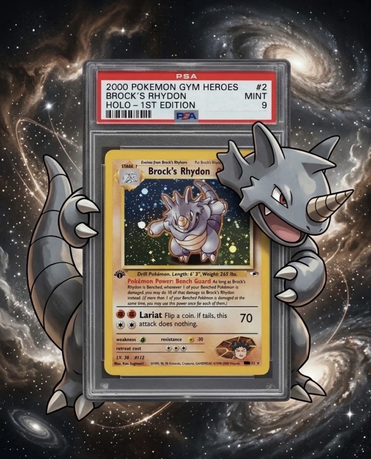 Pokémon 2000 Gym Heroes Brock\'s Rhydon #2 Holo 1st Edition Graded PSA 9