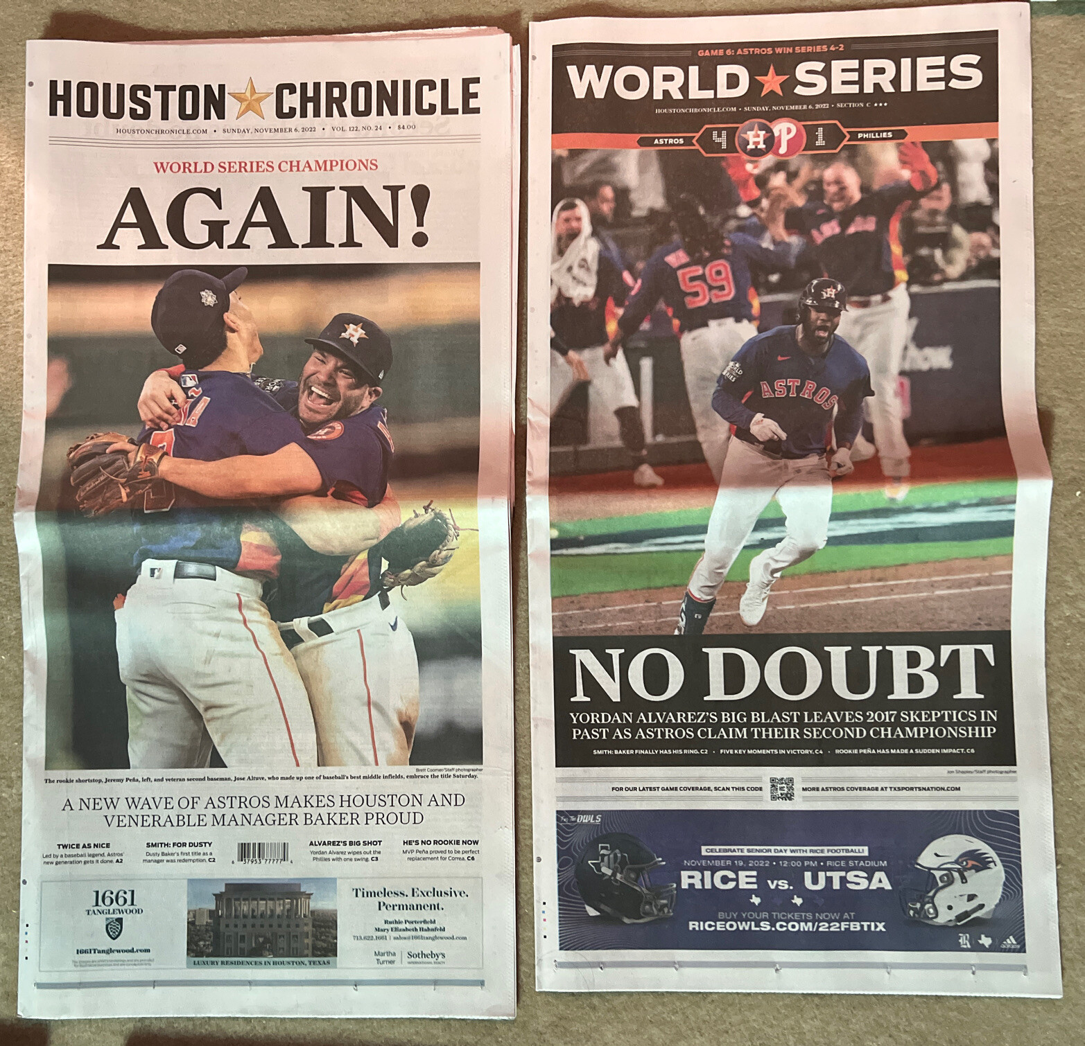 2022 HOUSTON CHRONICLE ASTROS WORLD SERIES  11/5/22 NEWSPAPER AGAIN