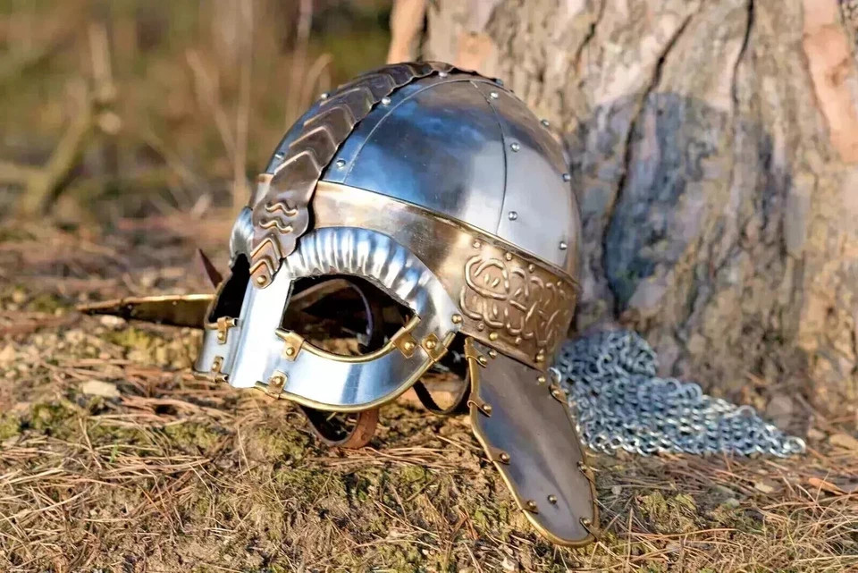Medieval Antique Norman Viking Steel Helmet With Chainmail Knight Armor Helmet