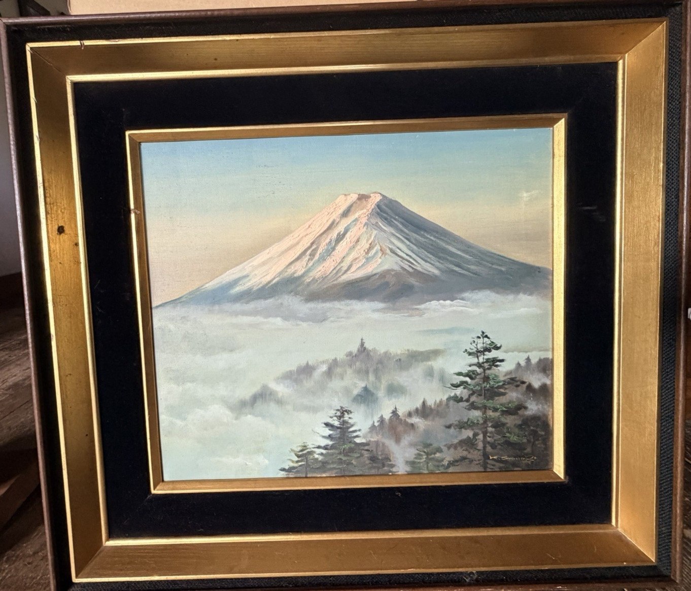 Vintage Japanese Mt Fuji Oil Painting Signed K Sugawara Tokyo Sekai-Do Frame