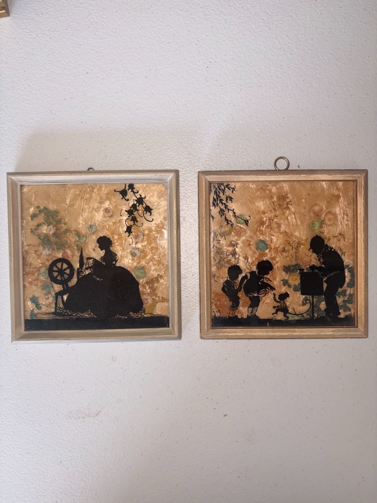 Two Vintage Glass Milkweed and Wildflower Framed Silhouettes- Mother and Child