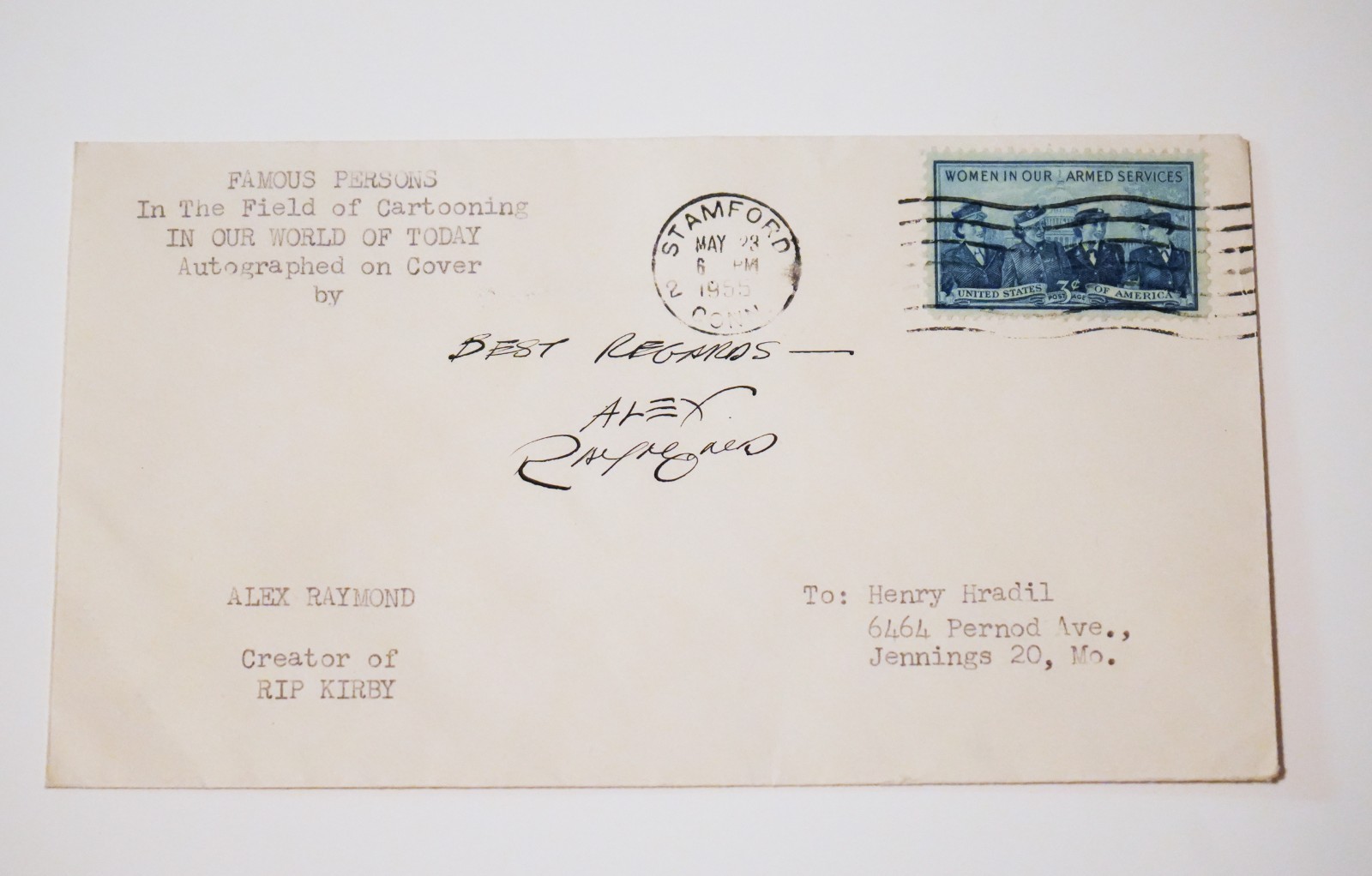 1955 Alex Raymond Hand Signed Envelope Flash Gordon Rip Kirby Artist RIP 1956