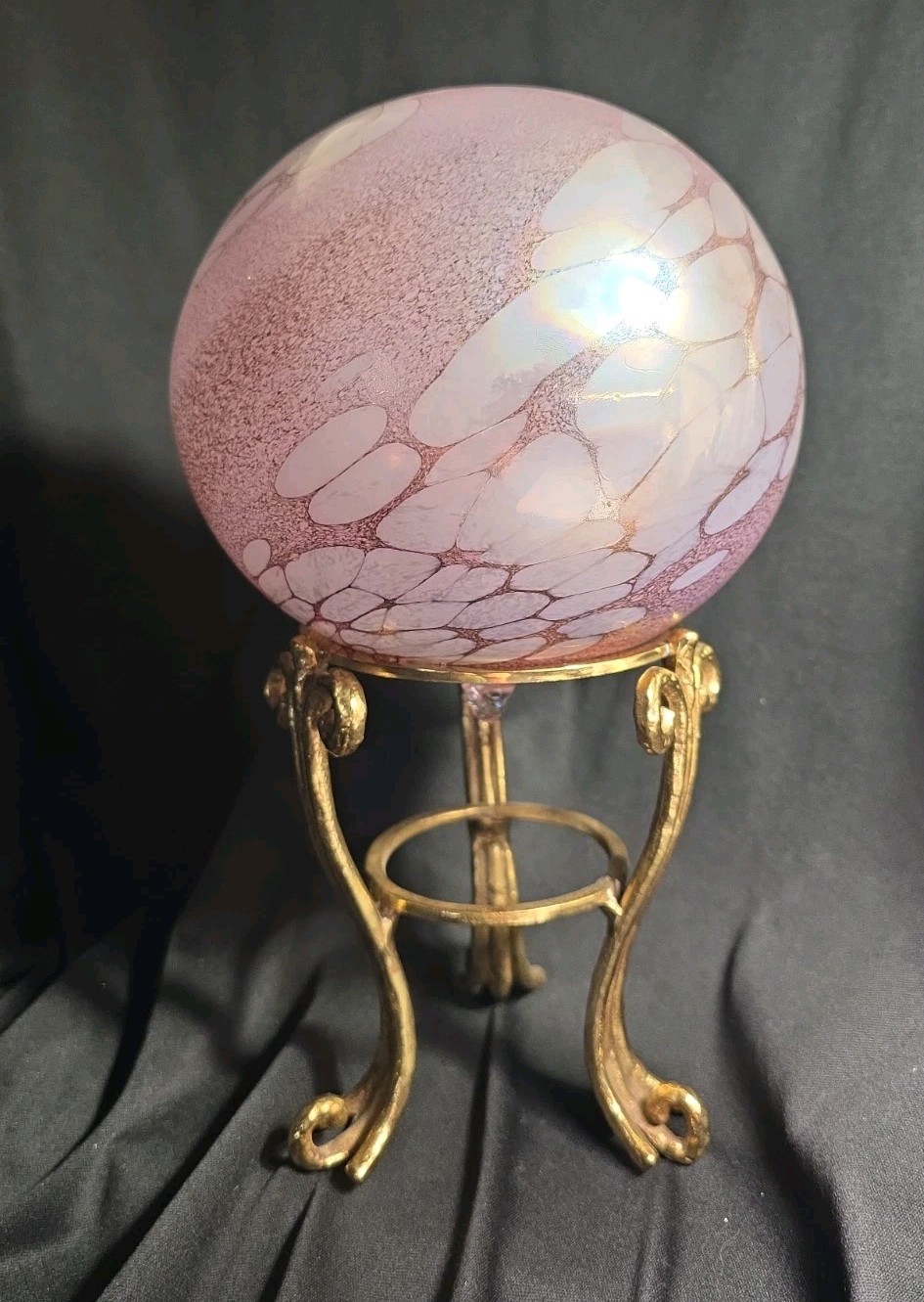 Borowski Art Glass Pink Iridescent Sphere Germany Brass Stand Included Borowski Art Glass Pink Iridescent Sphere Germany Brass Stand Included