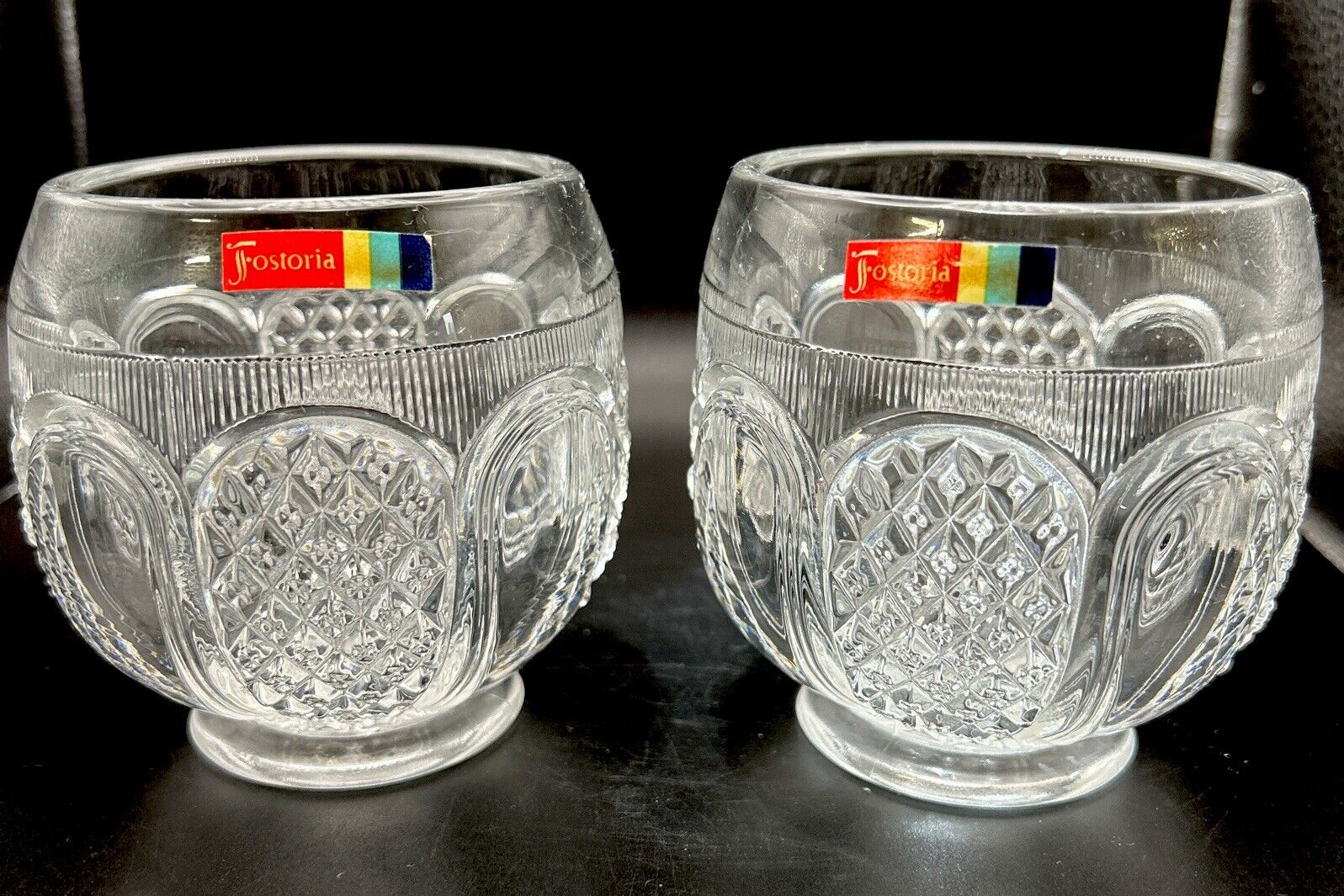 Fostoria Glass Pair Of  Rose Bowl Diamond Pattern Small Open Original Label USA.