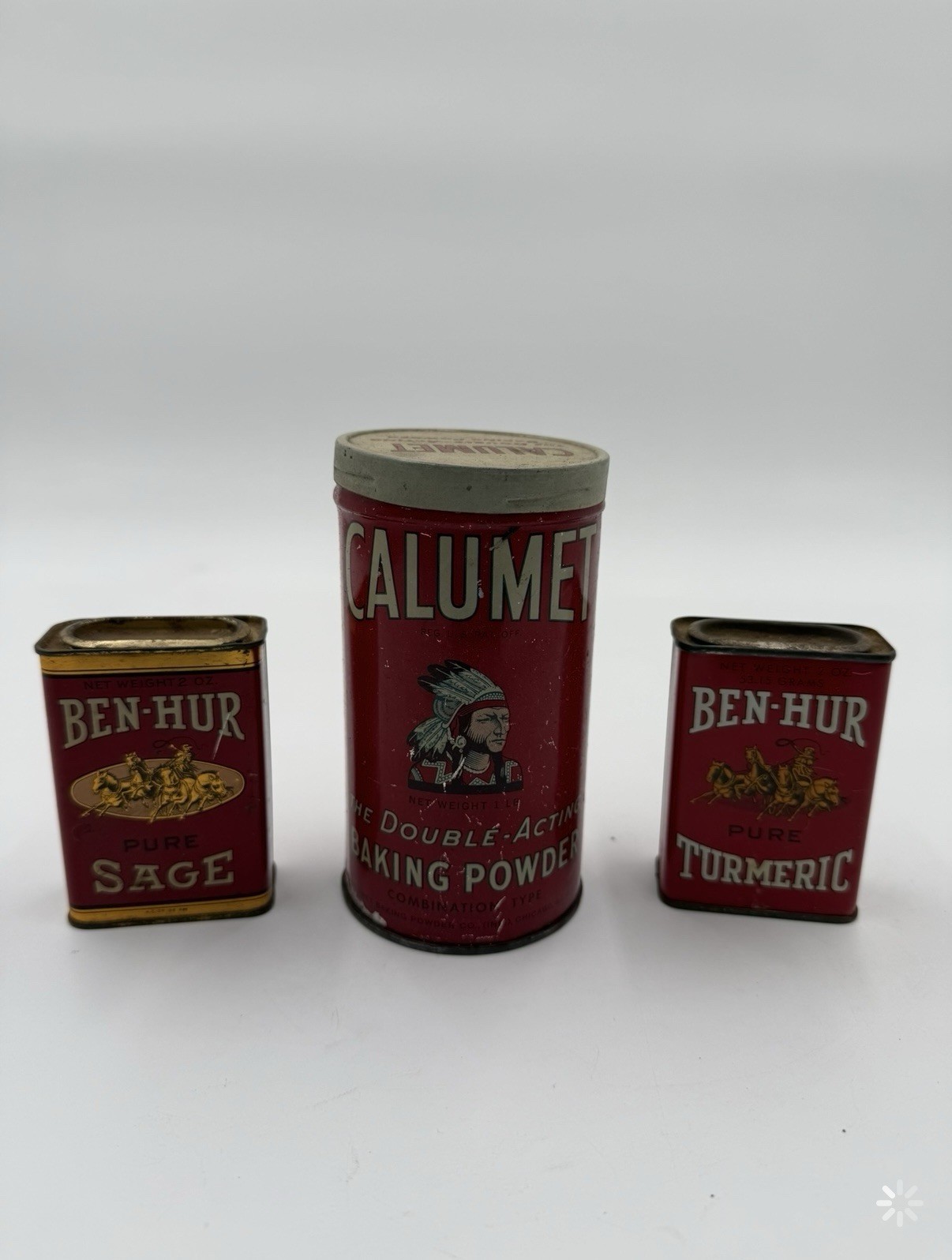 Vintage Calumet Baking Powder Tins Lot of Ben-Hur Sage And Ben-Hur Turmeric