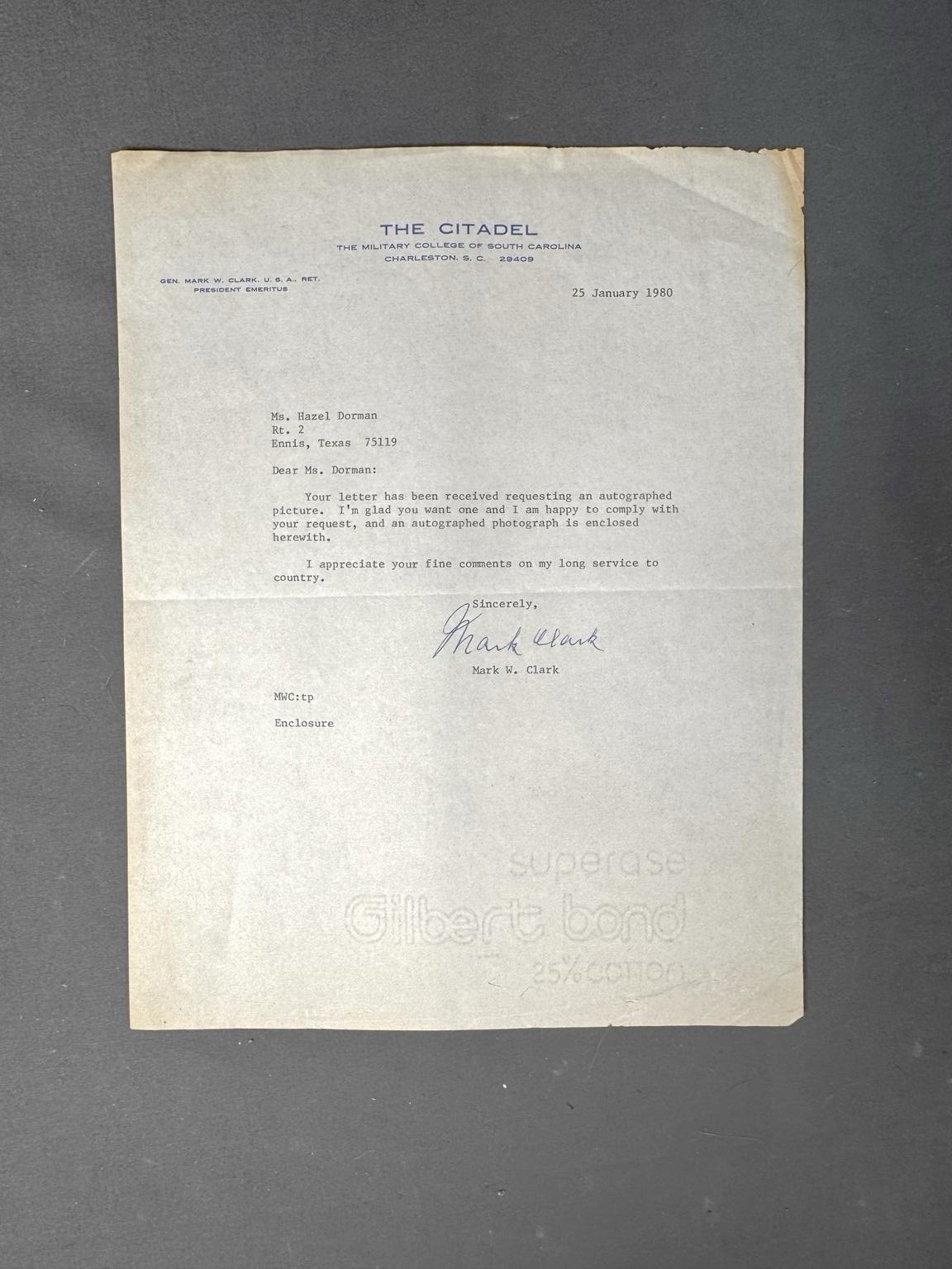 American WWII General Mark W Clark 1980 Letter The Citadel Military History