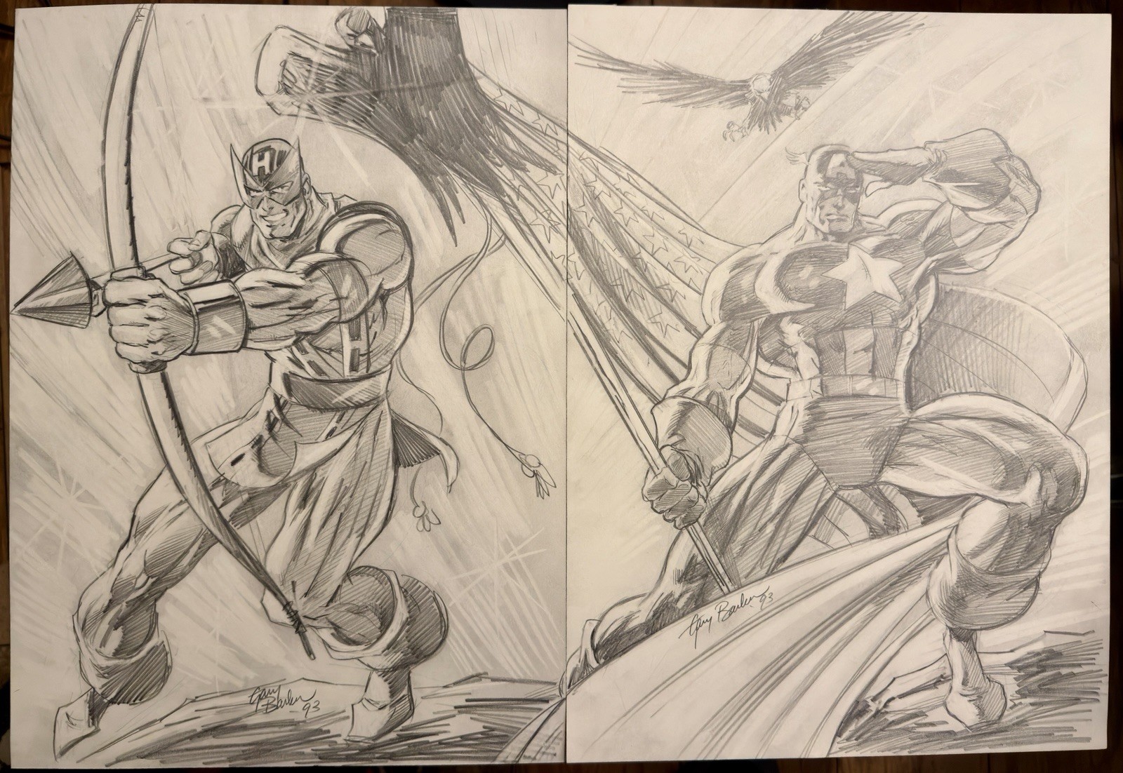 Gary Barker Original Art 1993 Captain America & Hawkeye Double Page Splash
