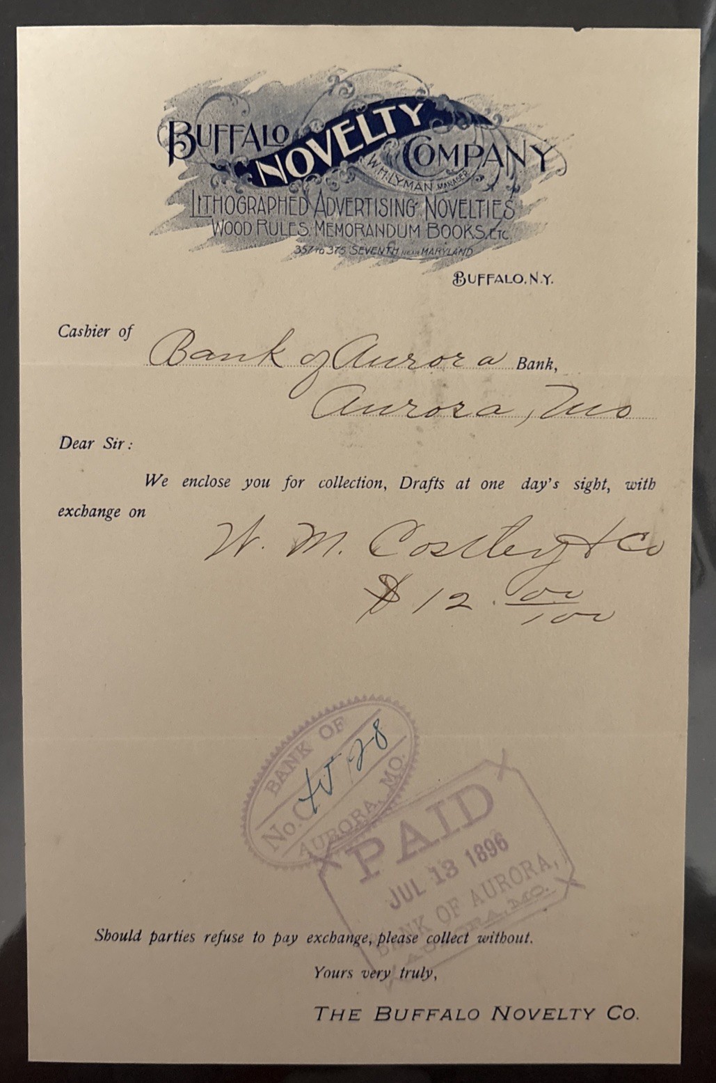 1896 Buffalo Novelty Billhead, Antique New York Bank Invoice, Letter Ephemera 1896 Buffalo Novelty Billhead, Antique New York Bank Invoice, Letter Ephemera