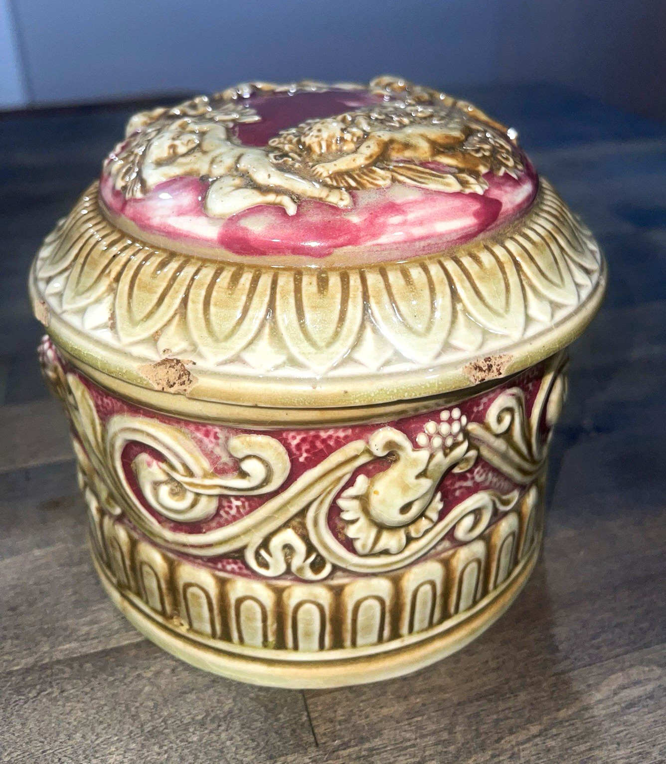Antique 1930s Maruhon Ware Japan Putti Cherub Trinket Vanity Box Pink Cream Antique 1930s Maruhon Ware Japan Putti Cherub Trinket Vanity Box Pink Cream