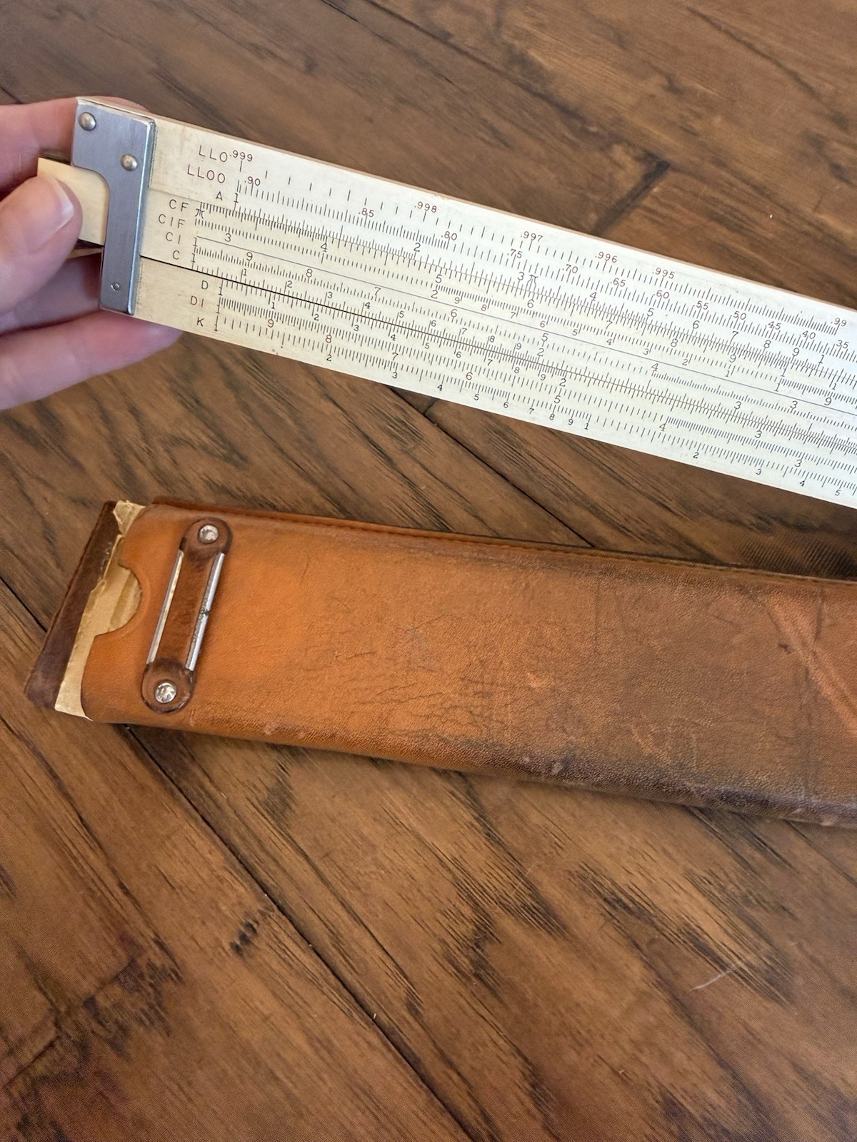 Vintage Sliding Measuring Stick In Vintage Leather Case