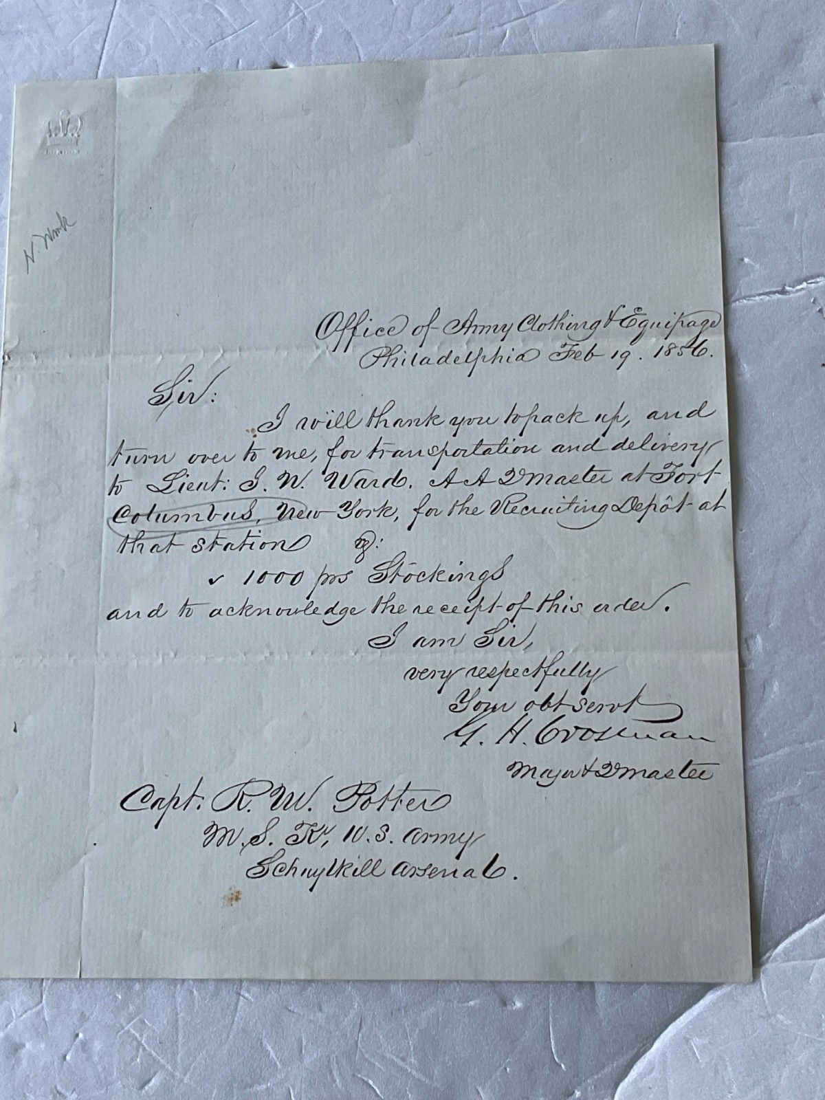 FT COLUMBUS NY HARBOR SUPPLY ORDER 1856 CAPT R M POTTER HAD HISTORY WITH ALAMO FT COLUMBUS NY HARBOR SUPPLY ORDER 1856 CAPT R M POTTER HAD HISTORY WITH ALAMO