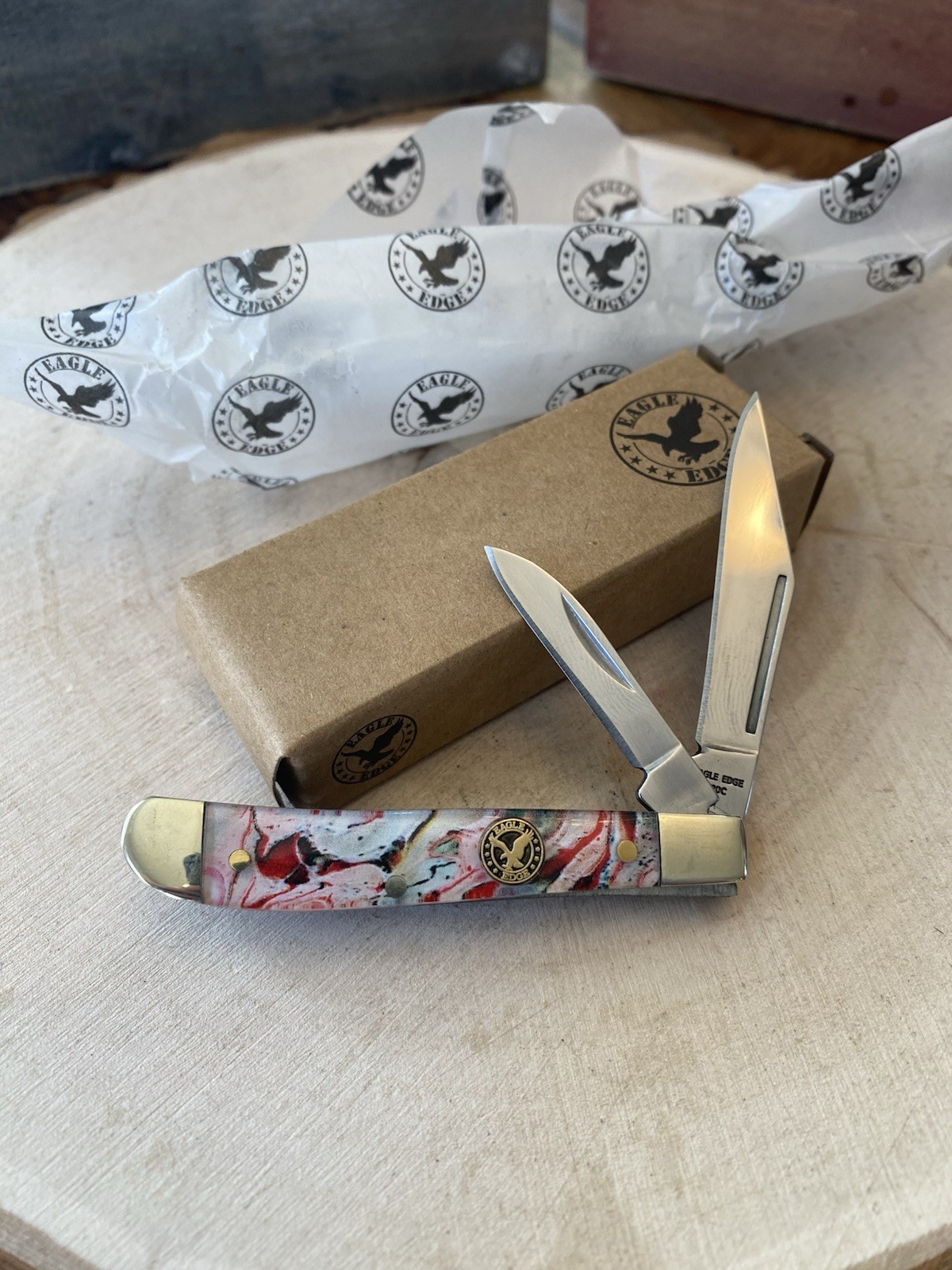 Eagle Edge Peanut Pocketknife Red/Pearl Swirl “Peppermint” Handles SS 71208 Eagle Edge Peanut Pocketknife Red/Pearl Swirl “Peppermint” Handles SS 71208