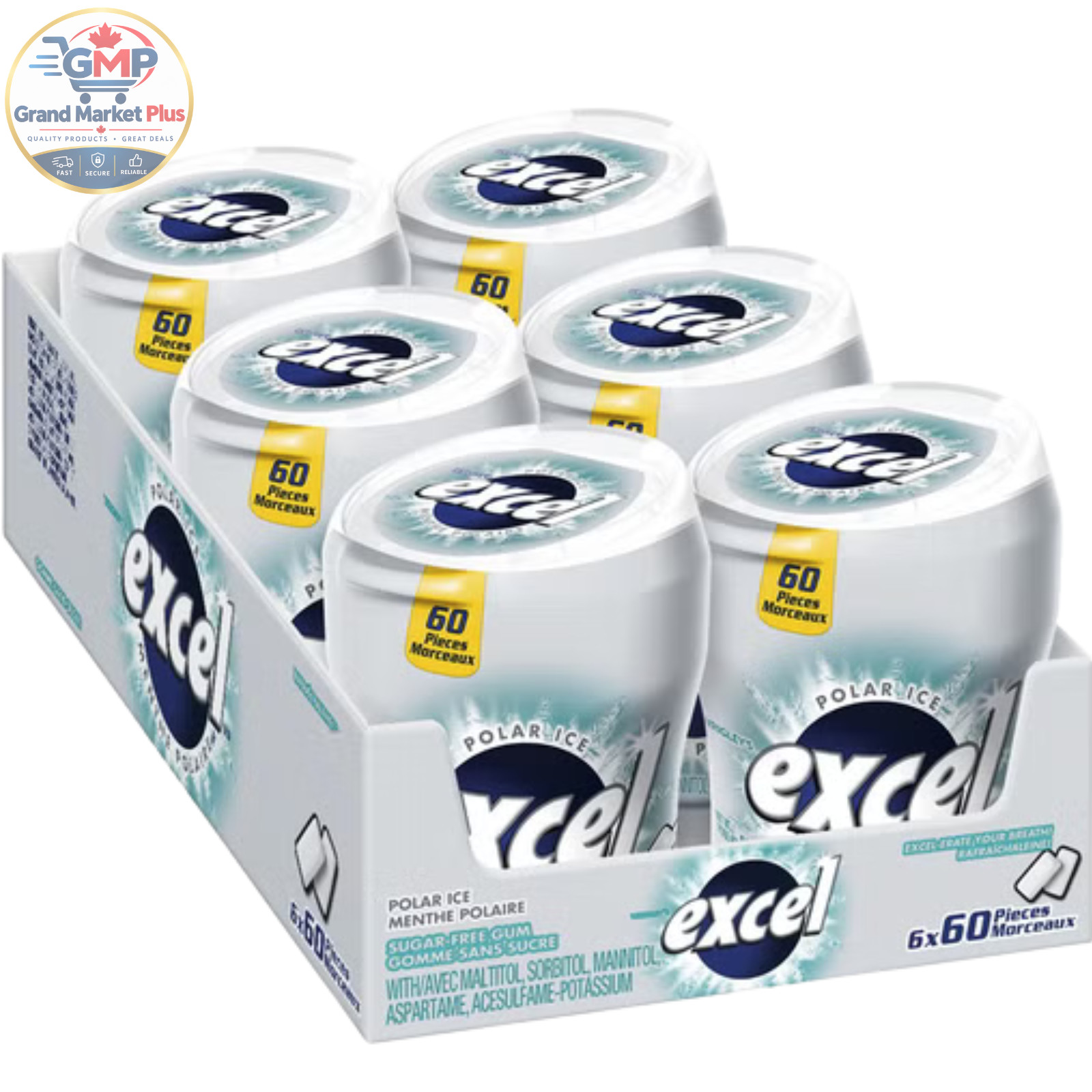 Excel Sugar-Free Gum, Menthe Polar Ice, 60 pieces per bottles, 6 Bottles Excel Sugar-Free Gum, Menthe Polar Ice, 60 pieces per bottles, 6 Bottles
