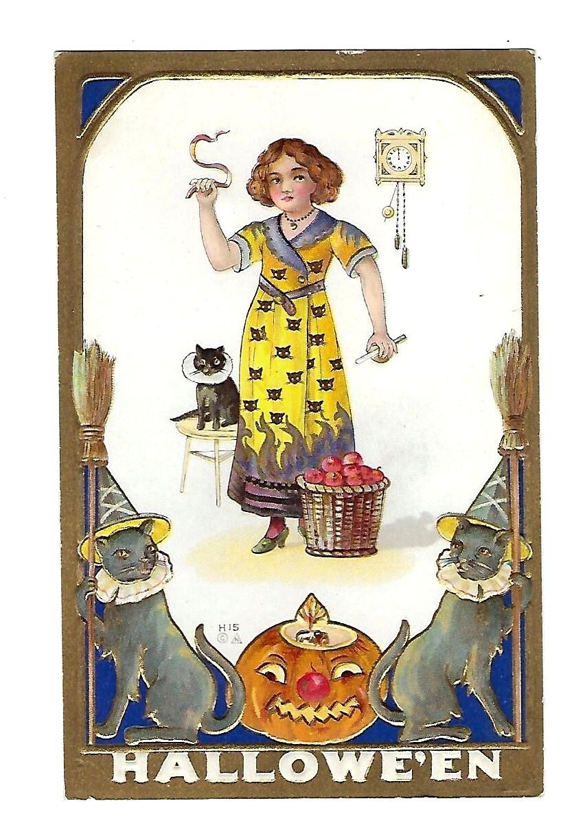 c1909 Nash 15 Halloween Postcard Girl, Black Cats, Jack-O-Lantern- Embossed