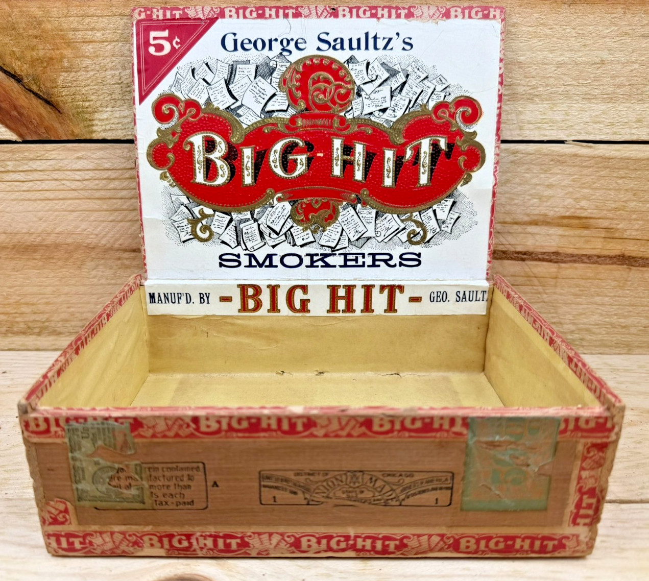 c1917 Vtg Antique Big Hit Wood Cigar Box Chicago Union Wenona Marshal Co, IL. c1917 Vtg Antique Big Hit Wood Cigar Box Chicago Union Wenona Marshal Co, IL.