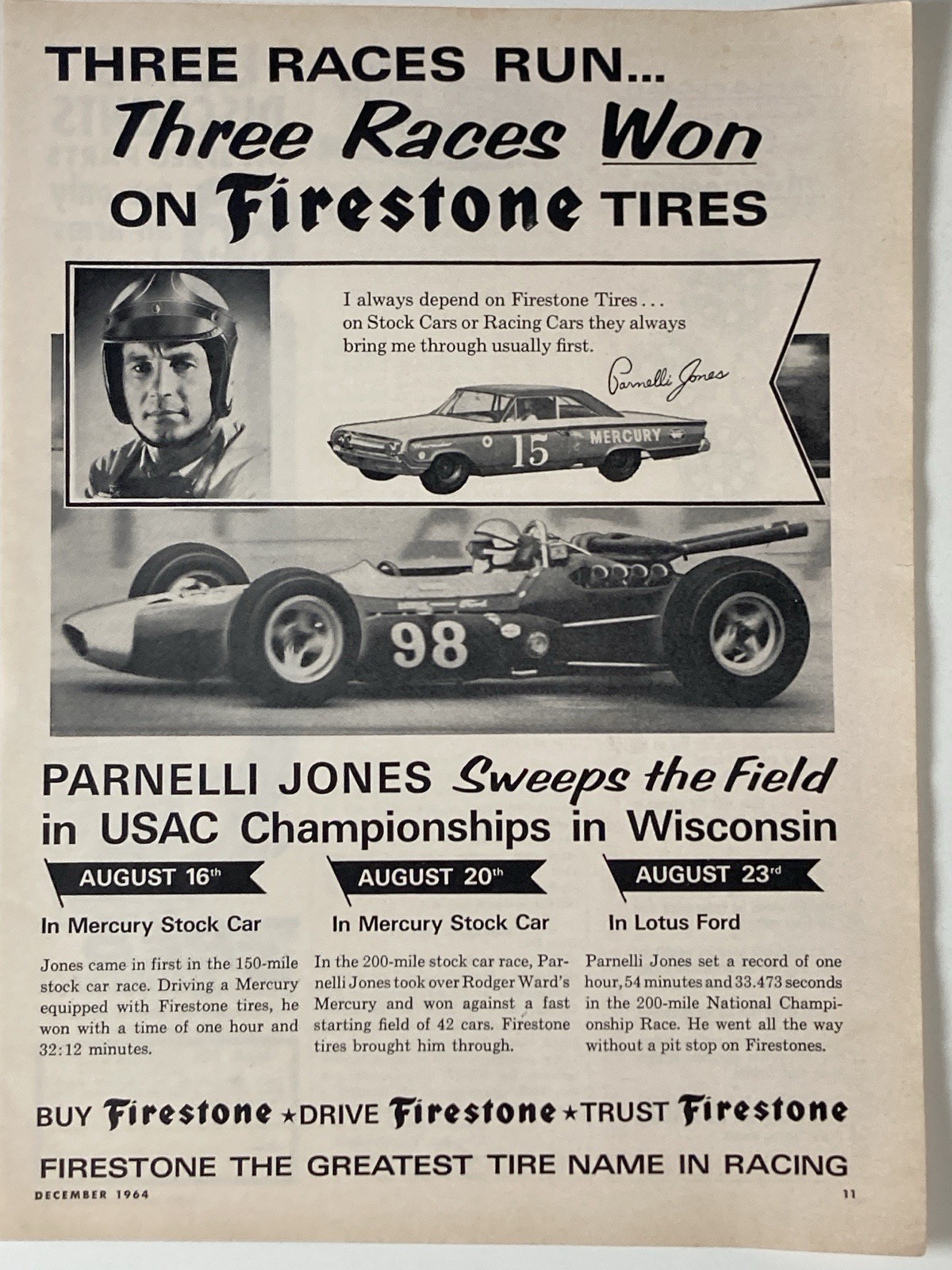 1964 Firestone Tires Print Ad Parnelli Jones Races USAC Championship 1964 Firestone Tires Print Ad Parnelli Jones Races USAC Championship