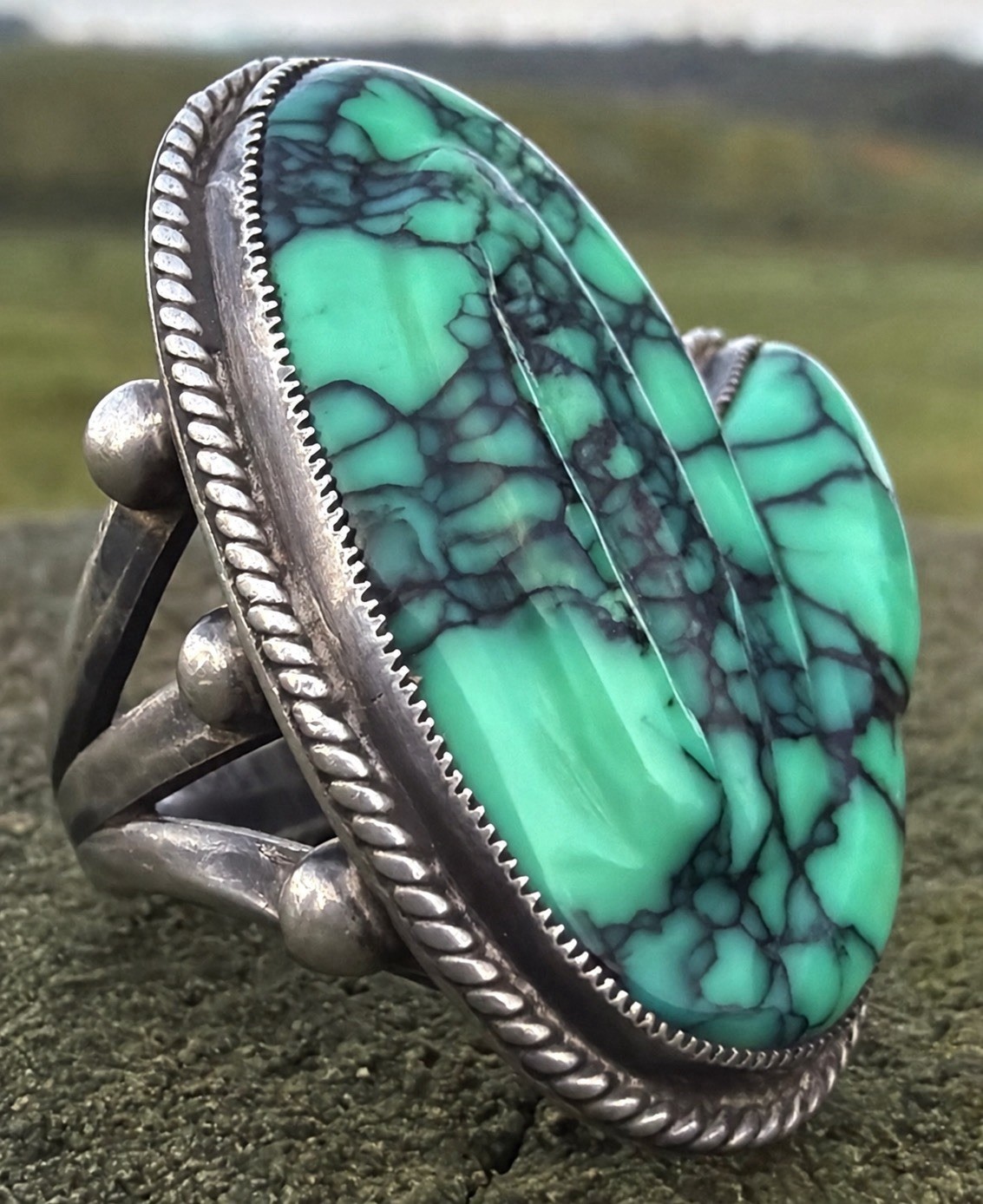 Vintage Old Pawn Navajo Sterling Silver Hand-Carved Variscite Snake Ring Size 8