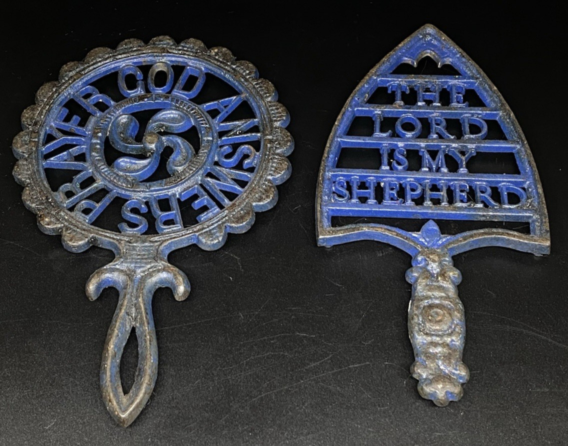 Pair Vintage Cross Publishing Co Motto Trivets God Answers and Lord is Shepherd