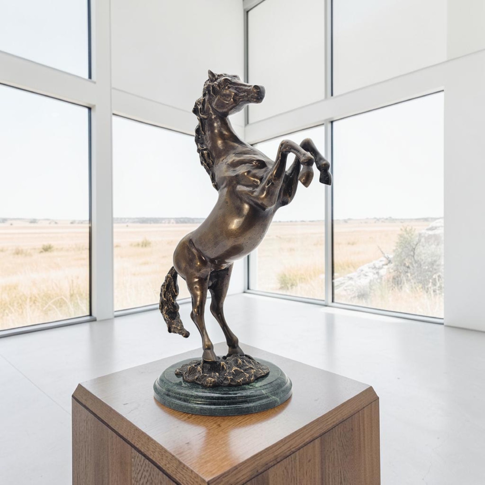 Vintage Rearing Stallion Bronze Equestrian Modern Art Sculpture Marble Base 23\