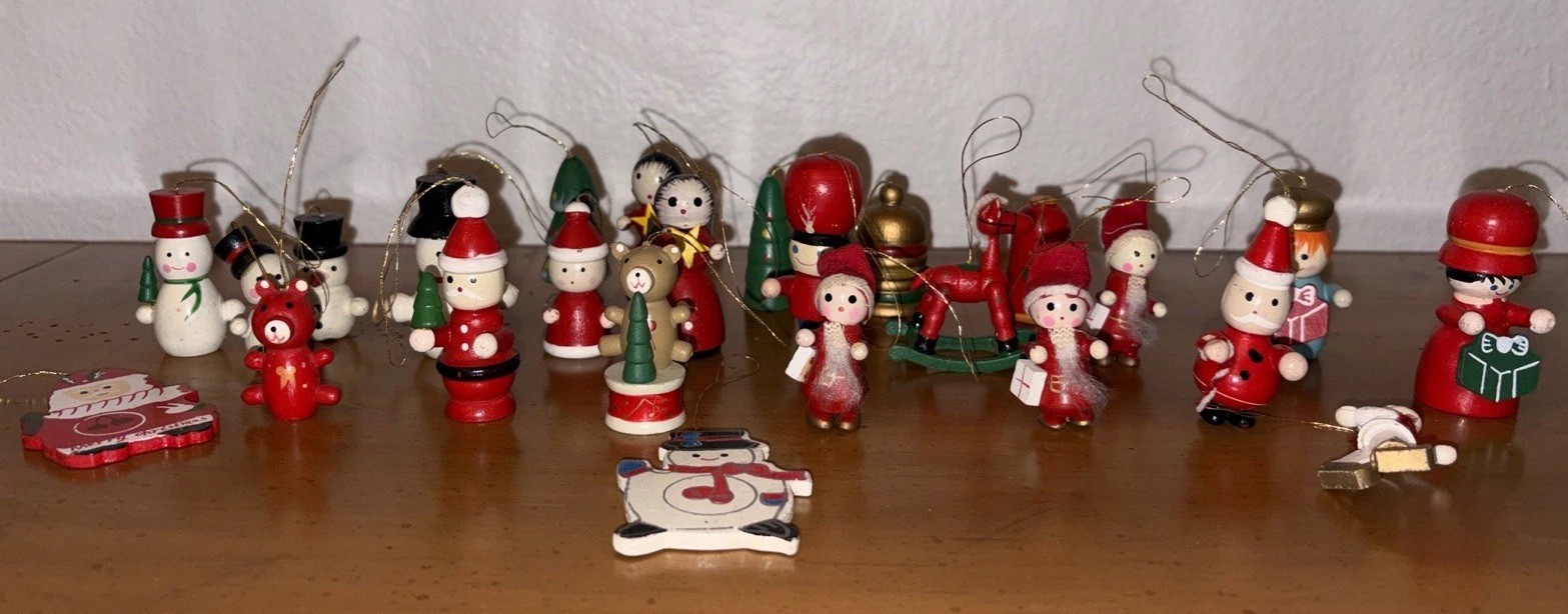 Vtg Wood Christmas Ornaments Lot Mini Hand Painted Wooden Holiday Figures Art