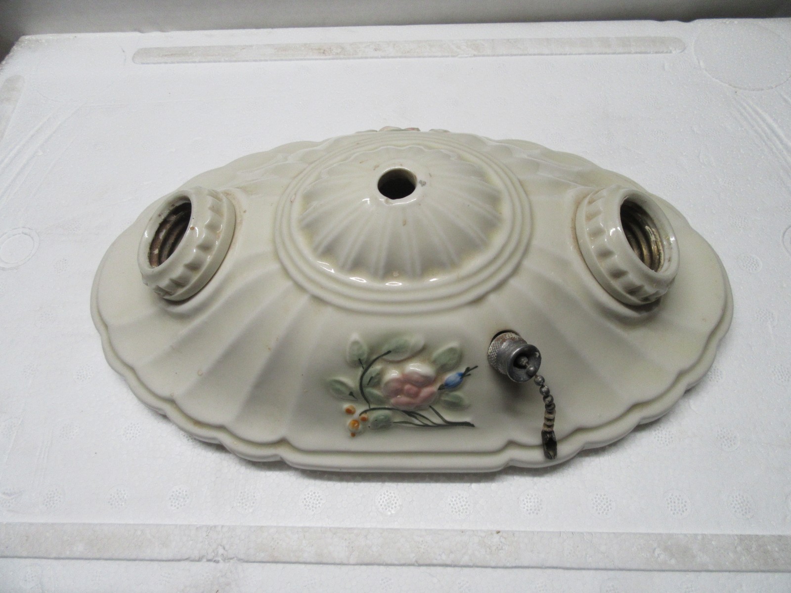 Vintage 1940\'s Porcelier 2 Bulb Flush Mount Floral Oval Ceiling Light Fixture
