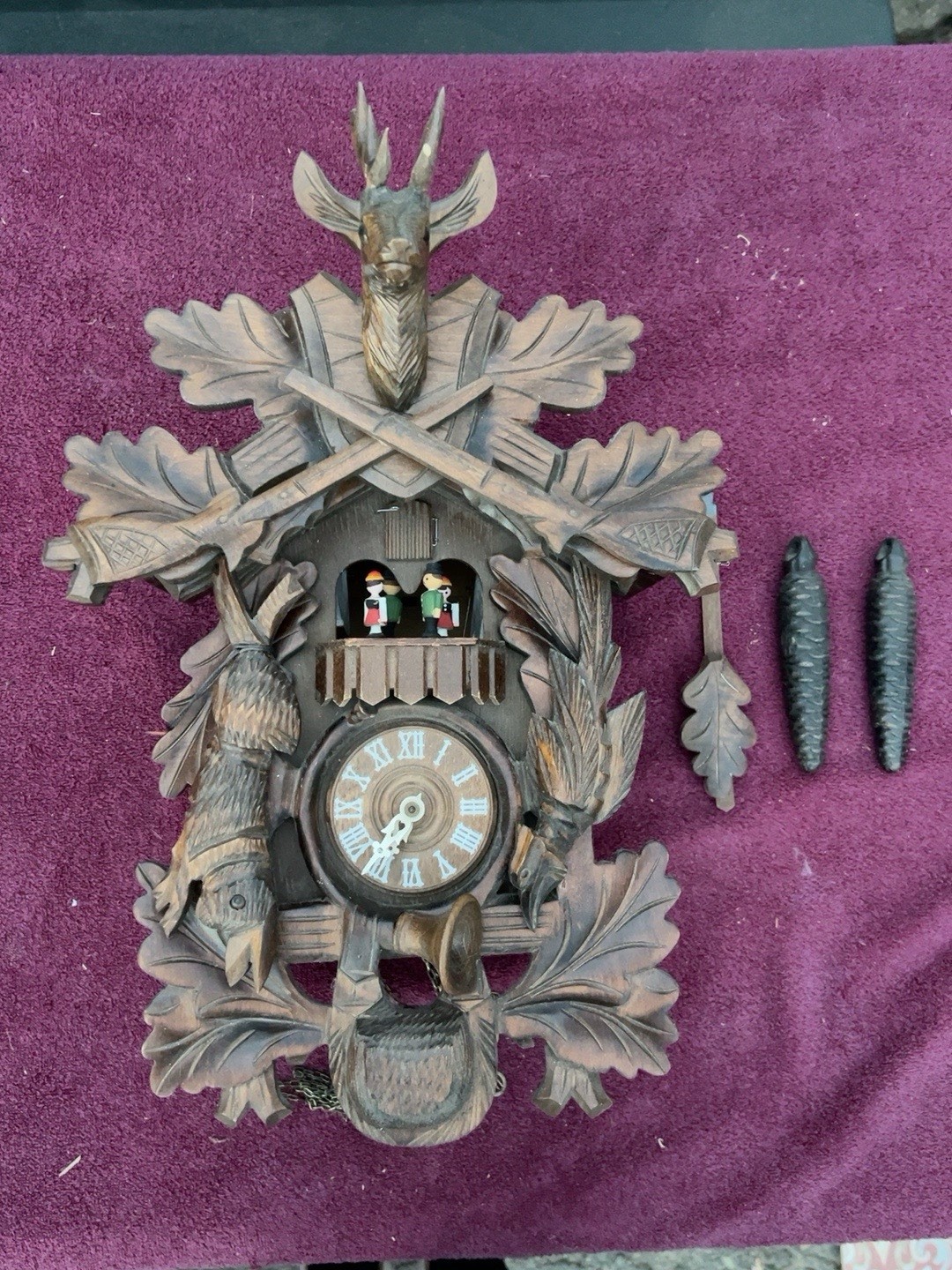 Vintage Schneider Musical Cuckoo Clock Hunting Deer Stag German Wood For Repair