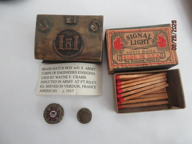 WWI Brass Match Safe 21ST ENGINEERING WITH MATCHES AND VETERAN PINS - ESTATE