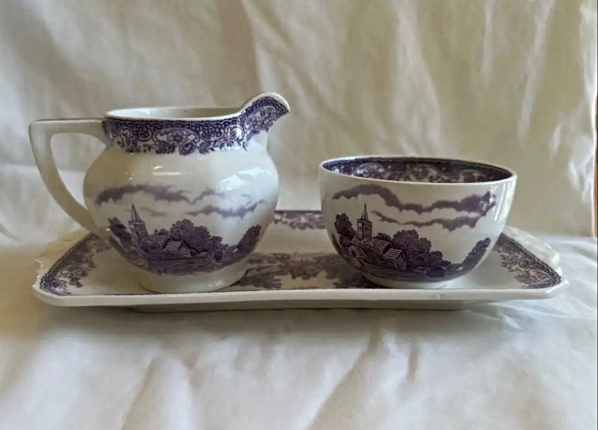 Royal Ardalt Olde Staffordshire 2090 Purple Transferware Sugar Creamer Tray Set Royal Ardalt Olde Staffordshire 2090 Purple Transferware Sugar Creamer Tray Set