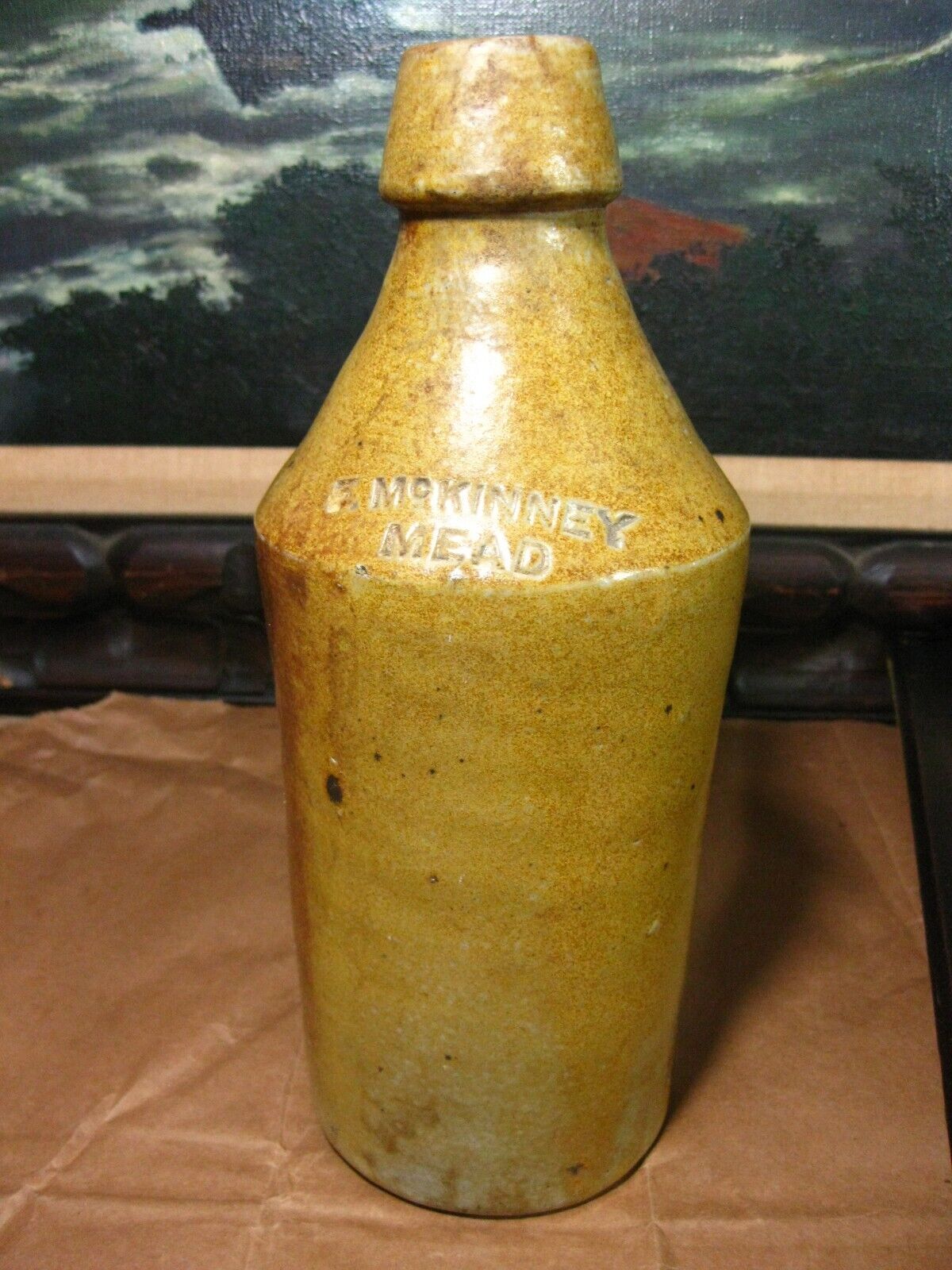Antique 1870\'s Salt Glazed Stoneware F McKinney\'s Mead Maker Marked Quart Stonew