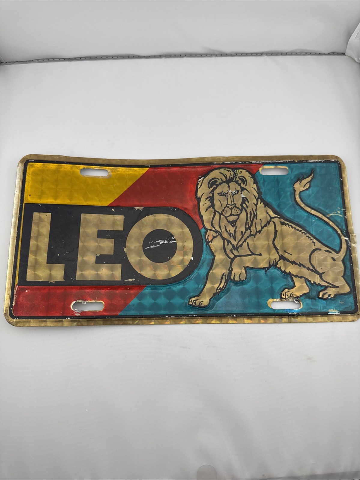Vintage Leo Metal Prismatic License Plate Zodiac Astrological Sign Retro